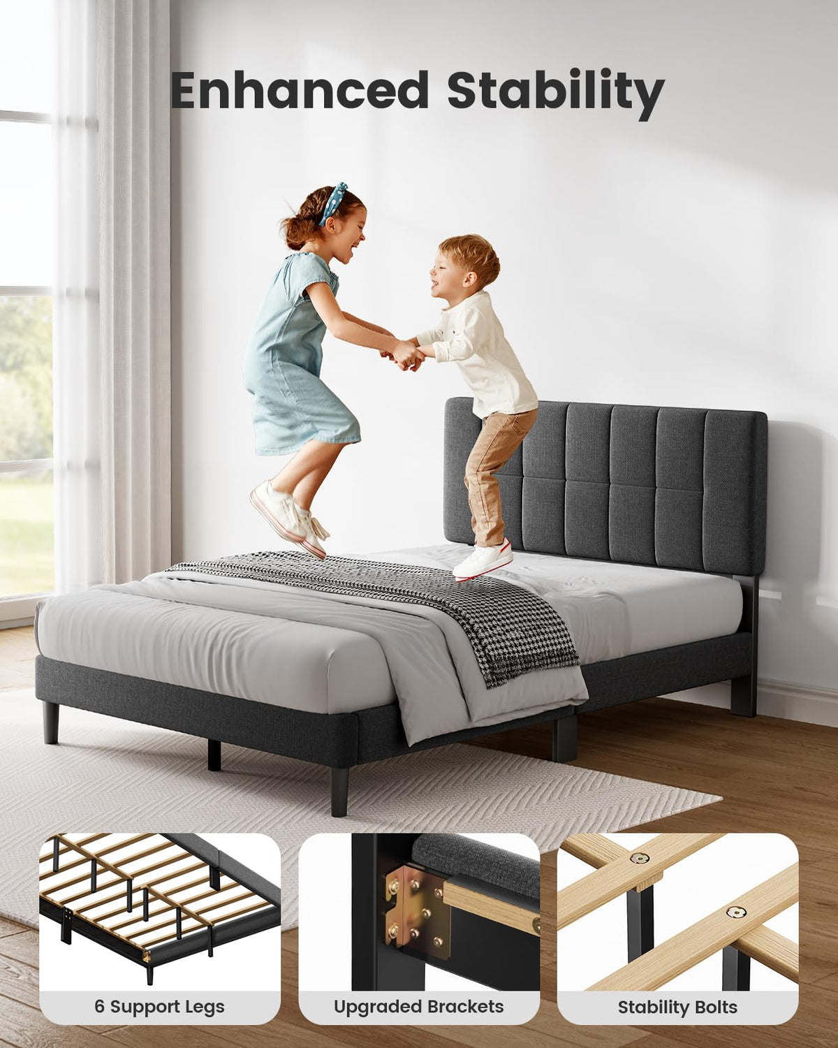 Pipishell Queen Bed Frame with 2 Storage Drawers, 12 Sturdy Legs, Solid Wooden Bed Base with Upholstered Headboard for 6″ to 12″ Mattresses, 1300 lbs High Weight Capacity, Easy Assembly, Dark Gray