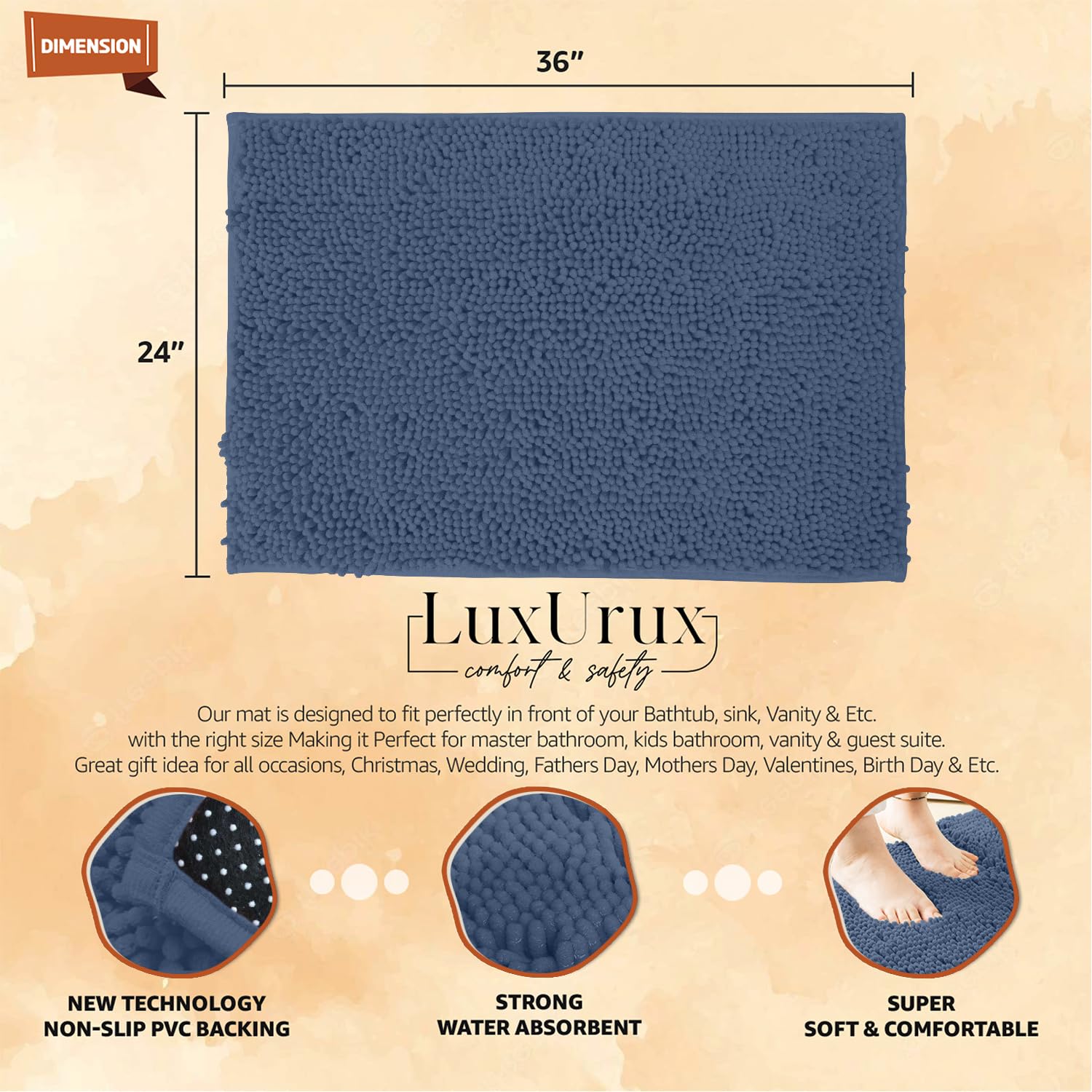 LuxUrux Bath Mat, Extra-Soft Plush Non-Slip Bathroom Rug, Luxury Chenille Microfiber Material, Super Absorbent Shaggy Bath Rug. Machine Wash & Dry (17 x 24 inches, Warm Grey)