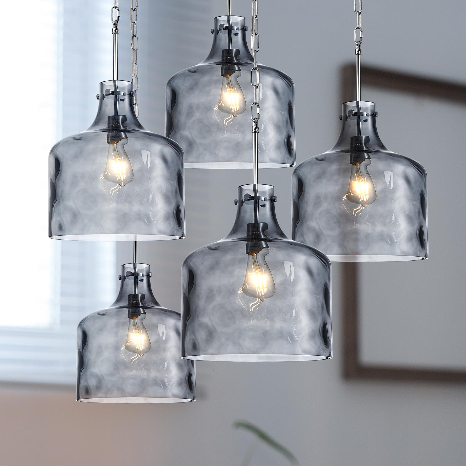 Glass Large Pendant Lights for Kitchen Island Blown Glass Pendant Light Clear Hammered Shade Hanging Ceiling Lights with Black Finish for for Kitchen Island, Sink, Hallway, Living Room 11 inch