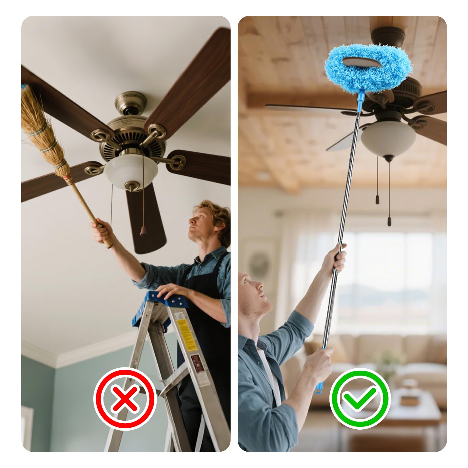 Ceiling Fan Cleaner Duster Reusable Microfiber Removable Duster with Extension Pole Adjusts 12 to 71 Inch for Cleaning Walls Bookshelves Furniture Door Window Top (Blue)