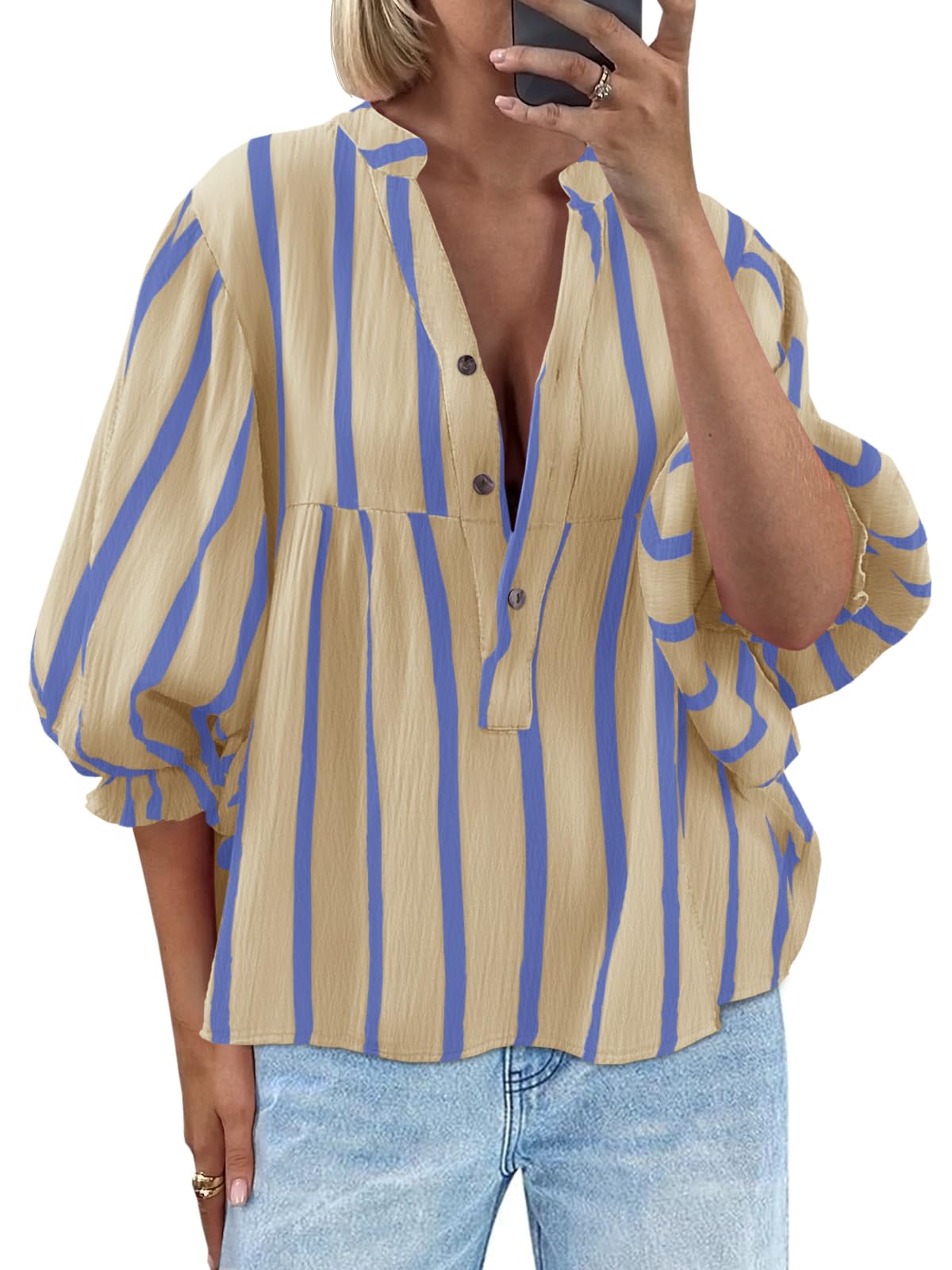 Tankaneo Womens Puff Sleeve Babydoll Tops Summer V Neck Striped Blouse Cute Casual Loose Fit Flowy Shirts