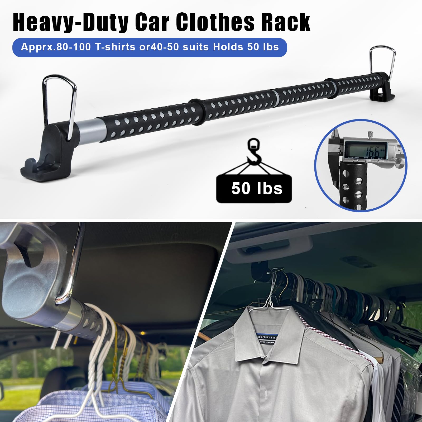 Car Clothes Hanger Bar, 30-63 Inches Expandable Heavy Duty Car Clothes Rack for Car Travel - Adjustable Clothes Storage Hanger Automotive Travel Hanging Rack for Most Cars,Trucks,SUVs,Road Travelers