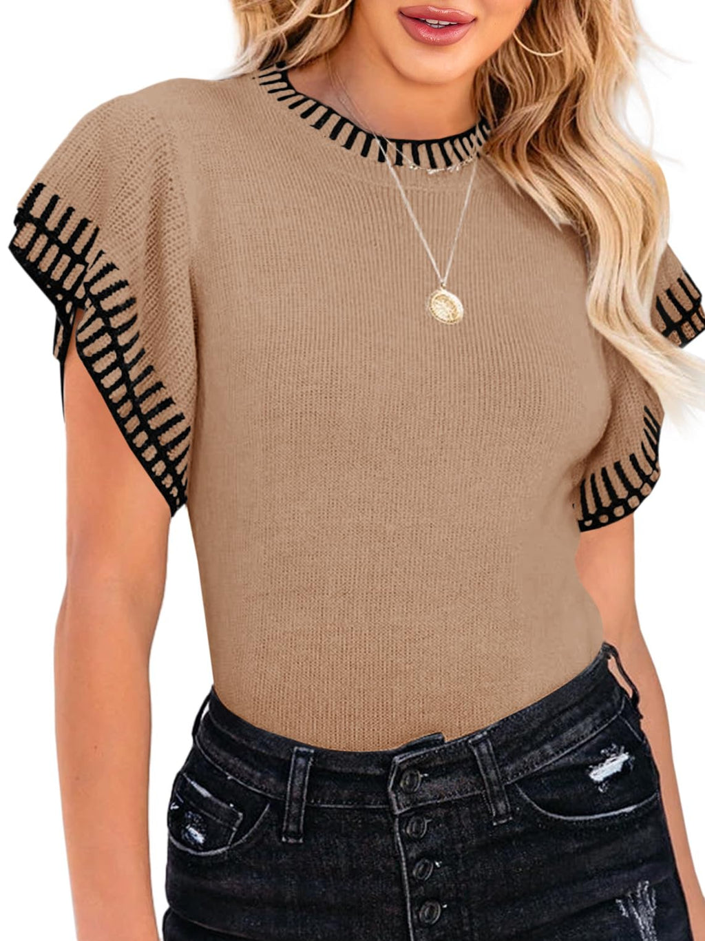 Saodimallsu Womens Short Sleeve Sweaters Tops Summer Ruffle Striped Loose Crew Neck Lightweight Soft Shirts Knit Sweater