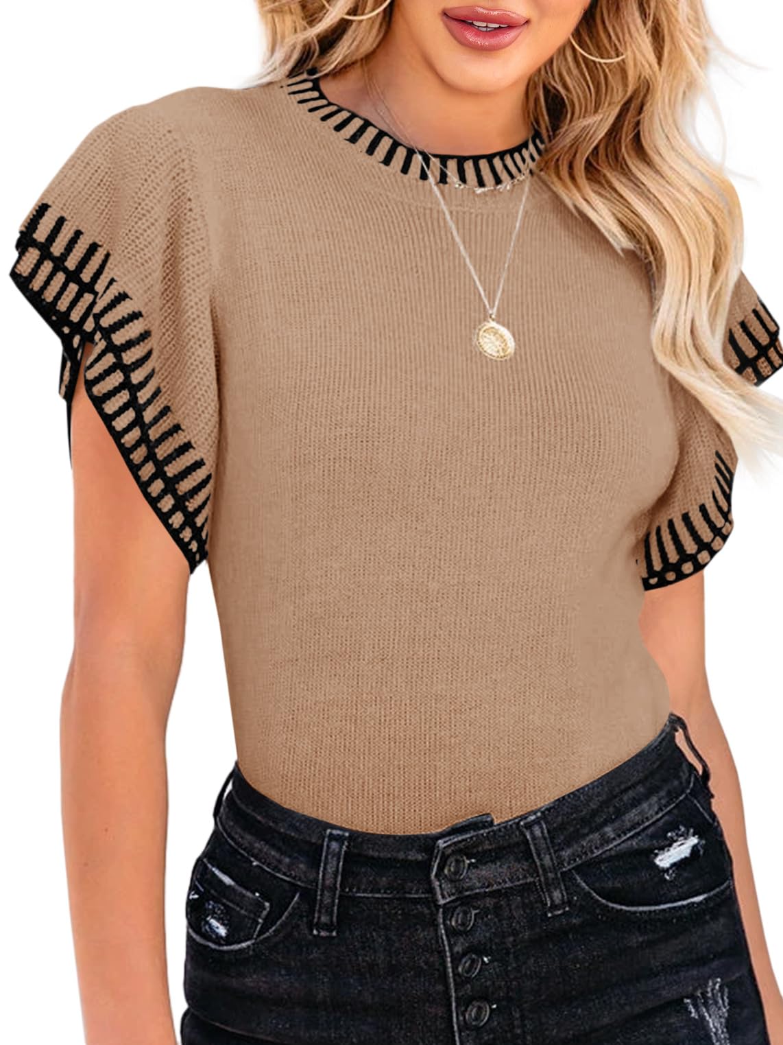 Saodimallsu Womens Short Sleeve Sweaters Tops Summer Ruffle Striped Loose Crew Neck Lightweight Soft Shirts Knit Sweater