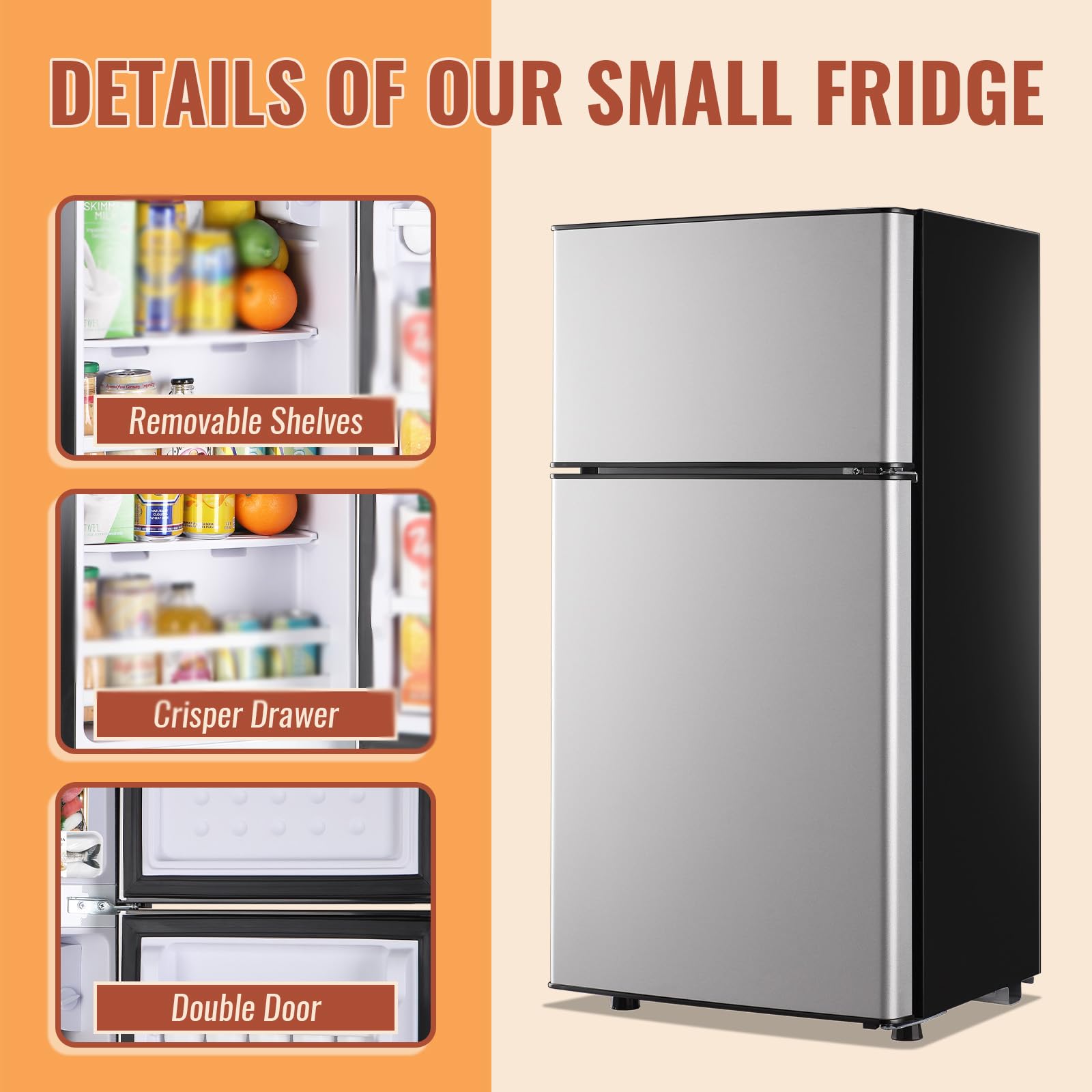 DEMULLER Mini Fridge with Double Doors Small Refrigerator with Separate Freezer & 7 Adjustable Temperature Control, Tiny Size & Personal Fridge Ideal for Office Apartment Dorm Black