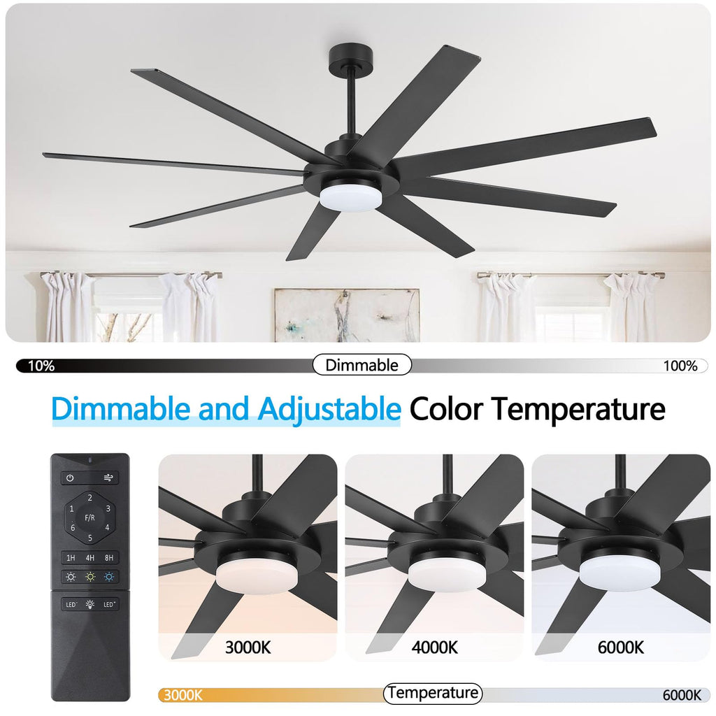 WINGBO 60" Ceiling Fan with Light and Remote Control, 6 Speed Reversible DC Motor, Dimmable LED Light, for Home and Commercial Use, Living Room/Shop/Warehouse Black/Walnut