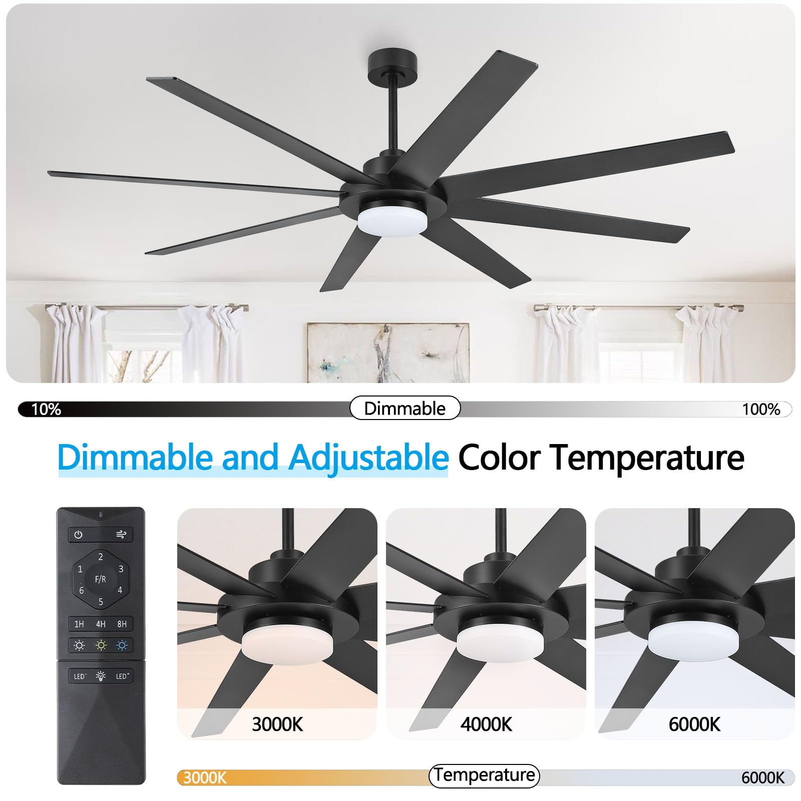 WINGBO 60" Ceiling Fan with Light and Remote Control, 6 Speed Reversible DC Motor, Dimmable LED Light, for Home and Commercial Use, Living Room/Shop/Warehouse Black/Walnut