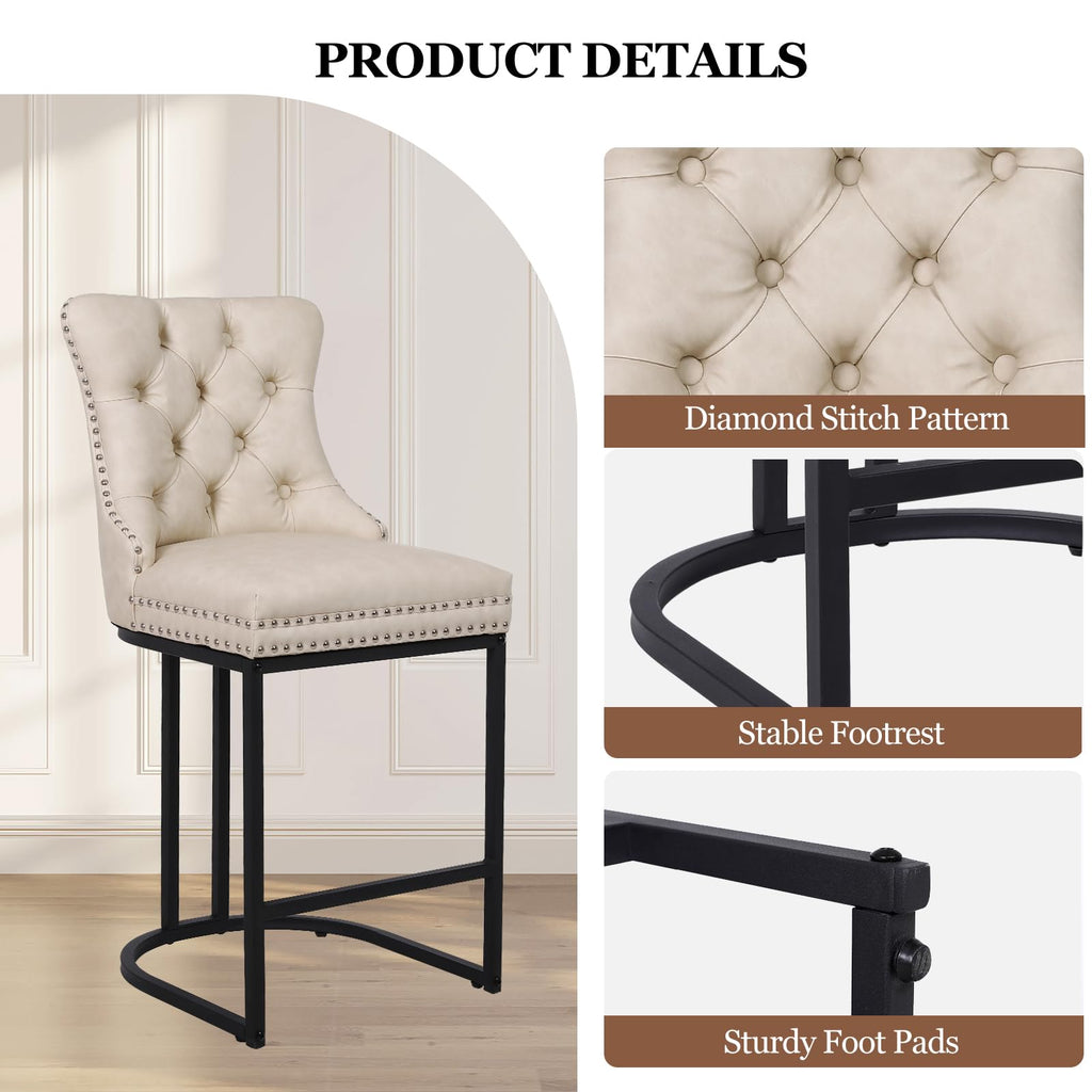 UVV Counter Height Bar Stools Set of 1, 26" Modern Barstools with Back, Velvet Upholstery Counter Chairs with Metal Legs for Kitchen Island, Bar, Counter, Beige