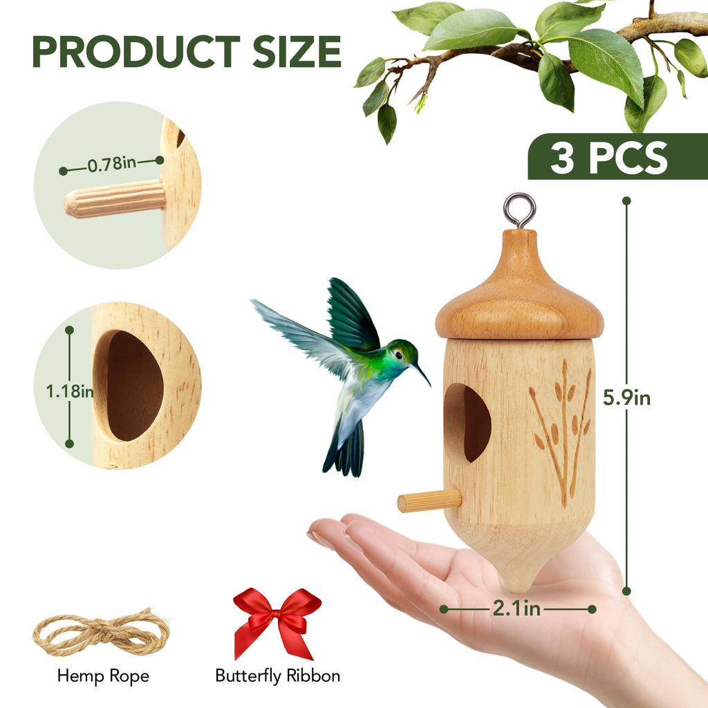 Hummingbird House, Small Hummingbird Houses for Outside, Wooden Bird House with Bow, String, Cute Gardening Gifts Home Decoration