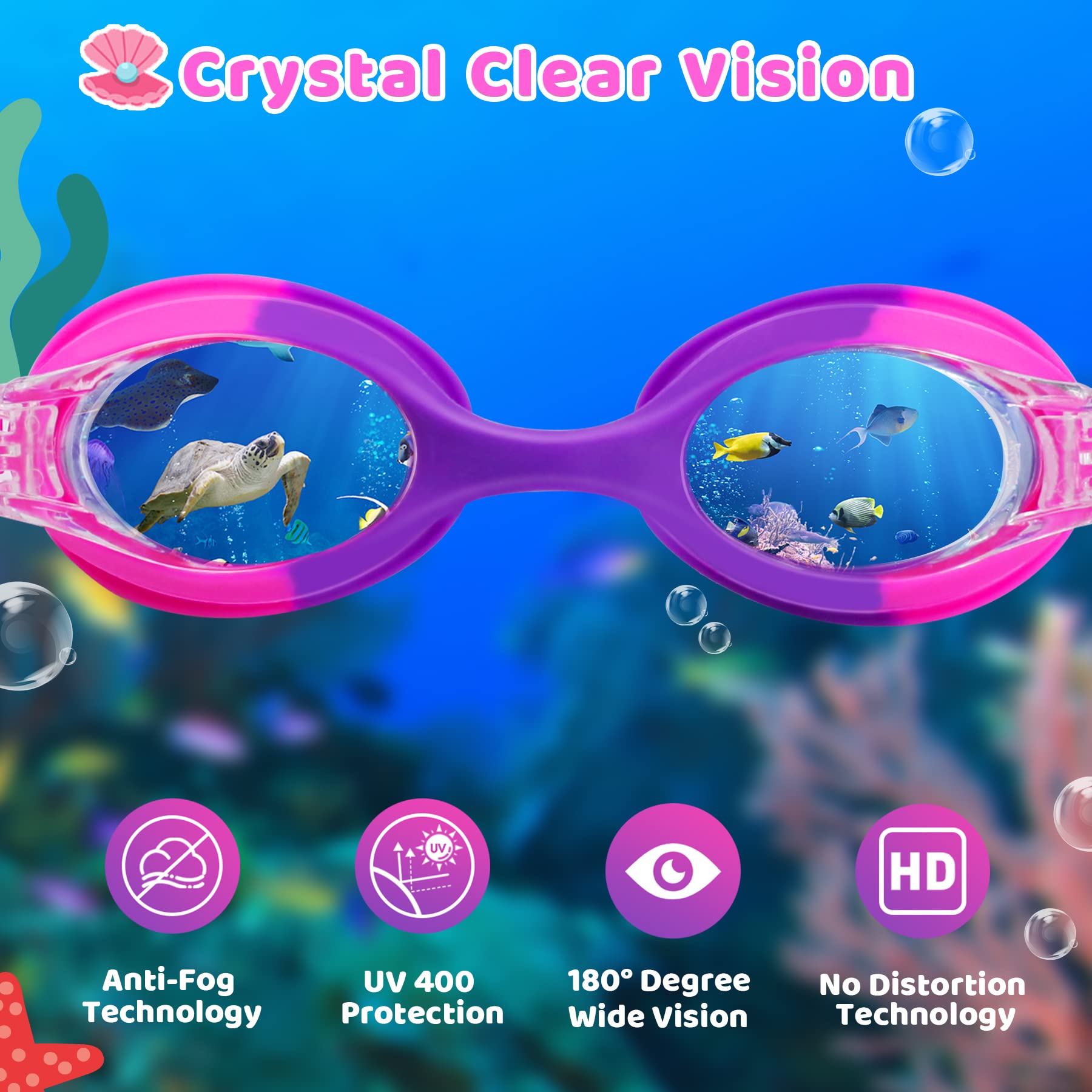 Vvinca Kids Swim Goggles with Fabric Strap No Tangle Pain-Free, Anti-Fog Swimming Pool Goggle No Leak for Toddlers Girls Boys