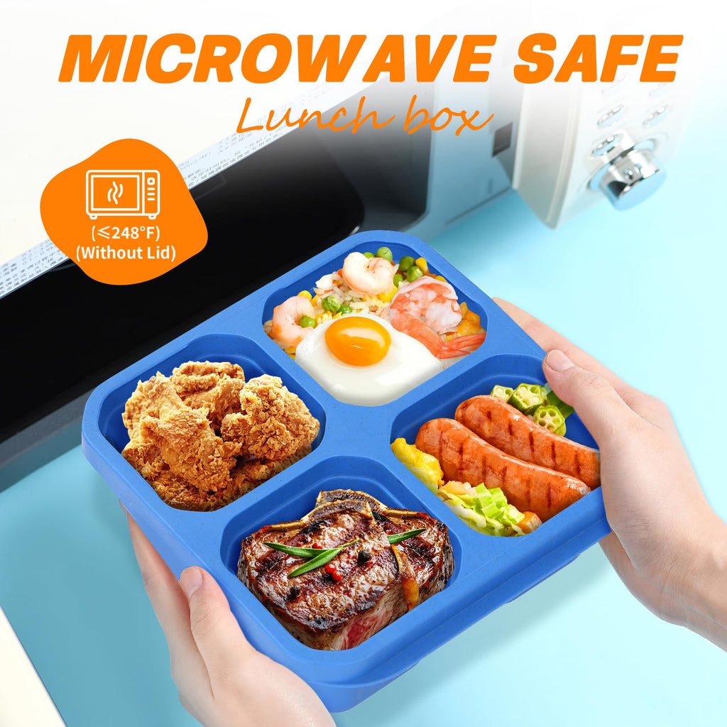 buluker 4 Pack Bento Snack Containers Set， 4 Compartment Food Storage Containers ，Wheat Straw Meal Prep Lunch Box ，Plastic Food Storage container, Microwave and Dishwasher Safe (4colour)