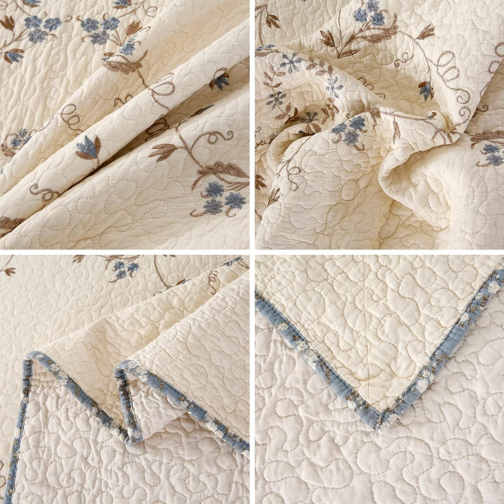 vctops 3-Piece Floral Embroidered Bedspread Coverlet Set Twin Size 100% Cotton Reversible Patchwork 1 Quilt and 2 Pillow Shams (Flower,Twin)