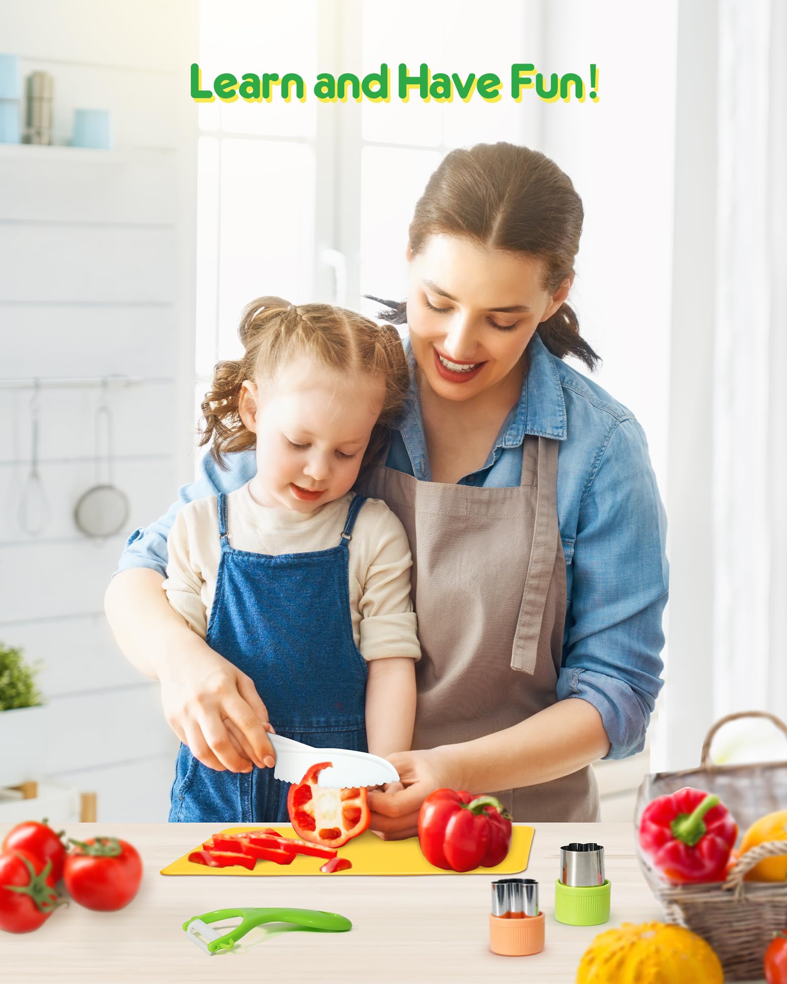Kids Knife Set, 5 Pcs Montessori Kitchen Tools for Toddlers' Real Cooking for 3+, BPA Free Kids Safe Kitchen Cooking and Baking Set with Peeler, Cutting Board for Sandwich Bread Vegetable Fruit Gift