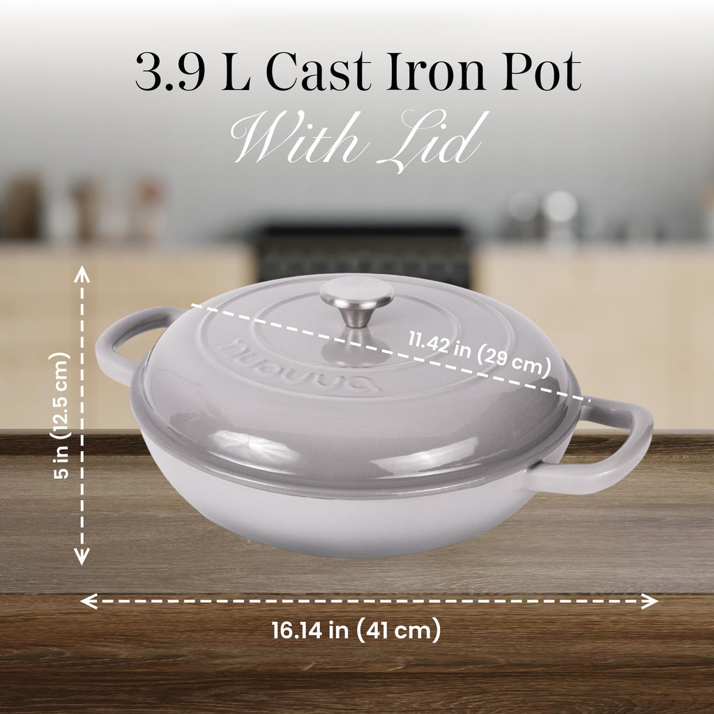 Shallow Cast Iron Casserole with Lid – Non Stick Dutch Oven Pot, Oven Safe up to 500° F – Sturdy Ovenproof Stockpot Cookware – Enamelled Cooking Pot – Black, 5-Quart, 32cm – by Nuovva