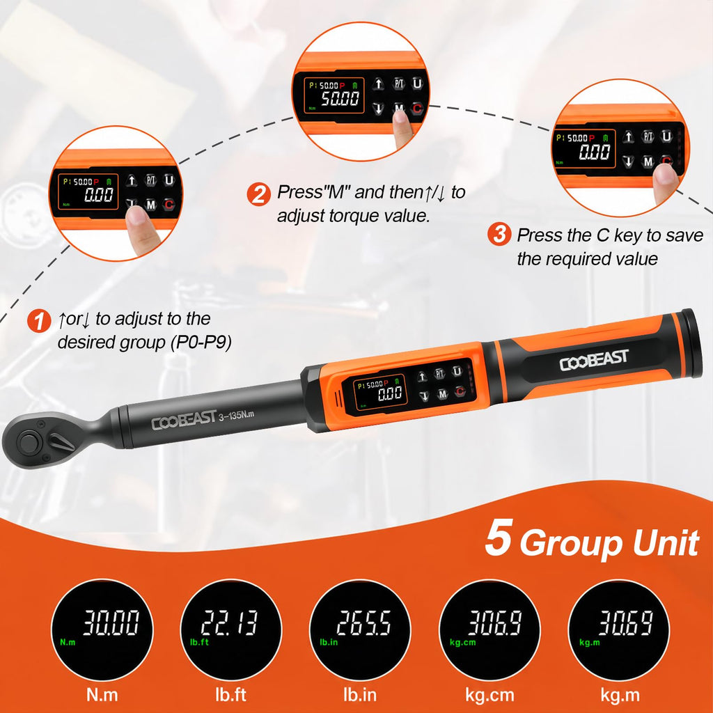 Digital Torque Wrench, 1/2 Drive Electronic Torque Screwdriver with Preset Value(3.76-250.8 Ft.lbs./5.1-340Nm), Buzzer and LED Flash Five Units of Measure Torque Wrench for Motorcycle, Auto Repair