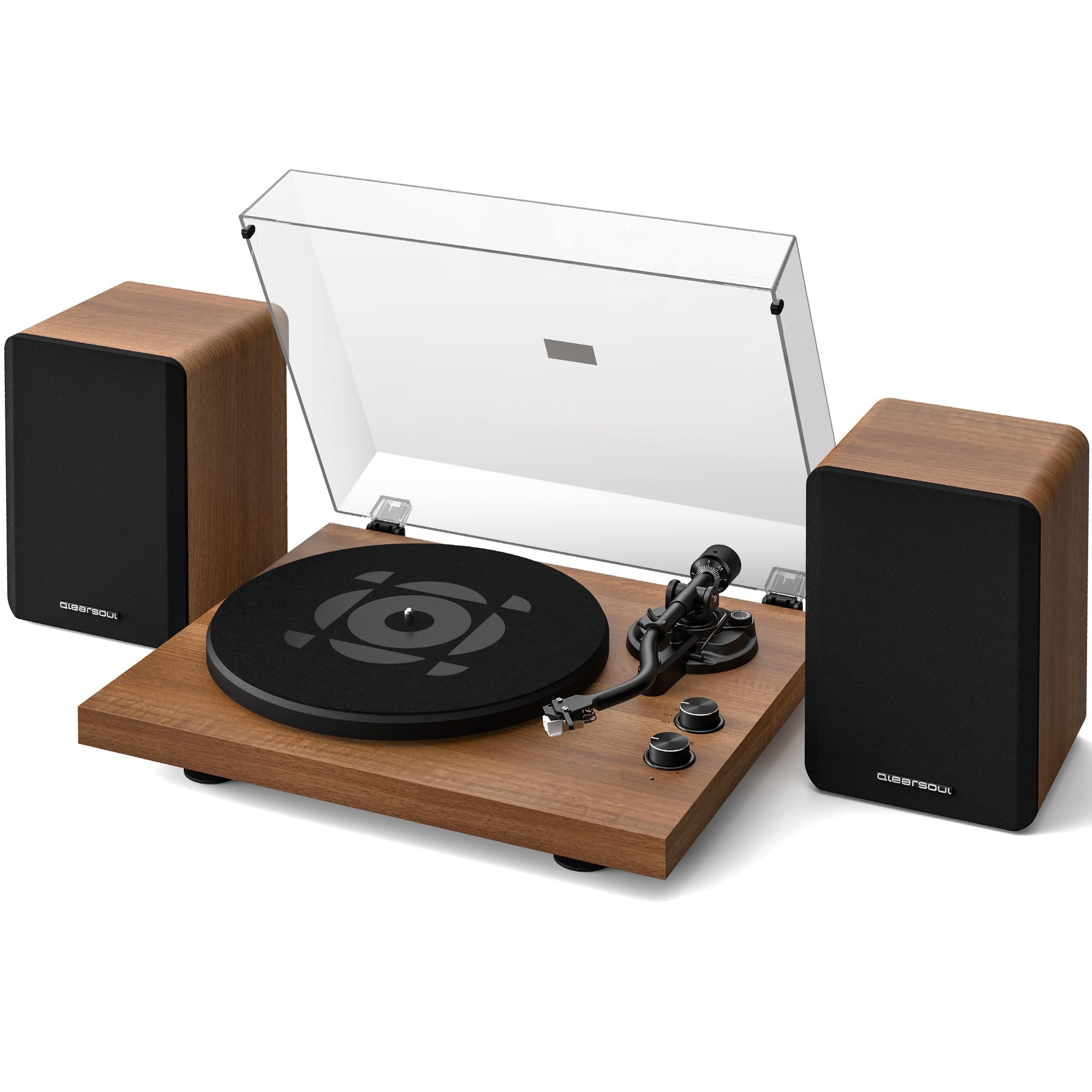 QLEARSOUL SoulBox S1 Vinyl Record Player with Stereo Speakers, Turntable with Built-in Preamp, S-Shaped Tonearm, 33/45 RPM - Black