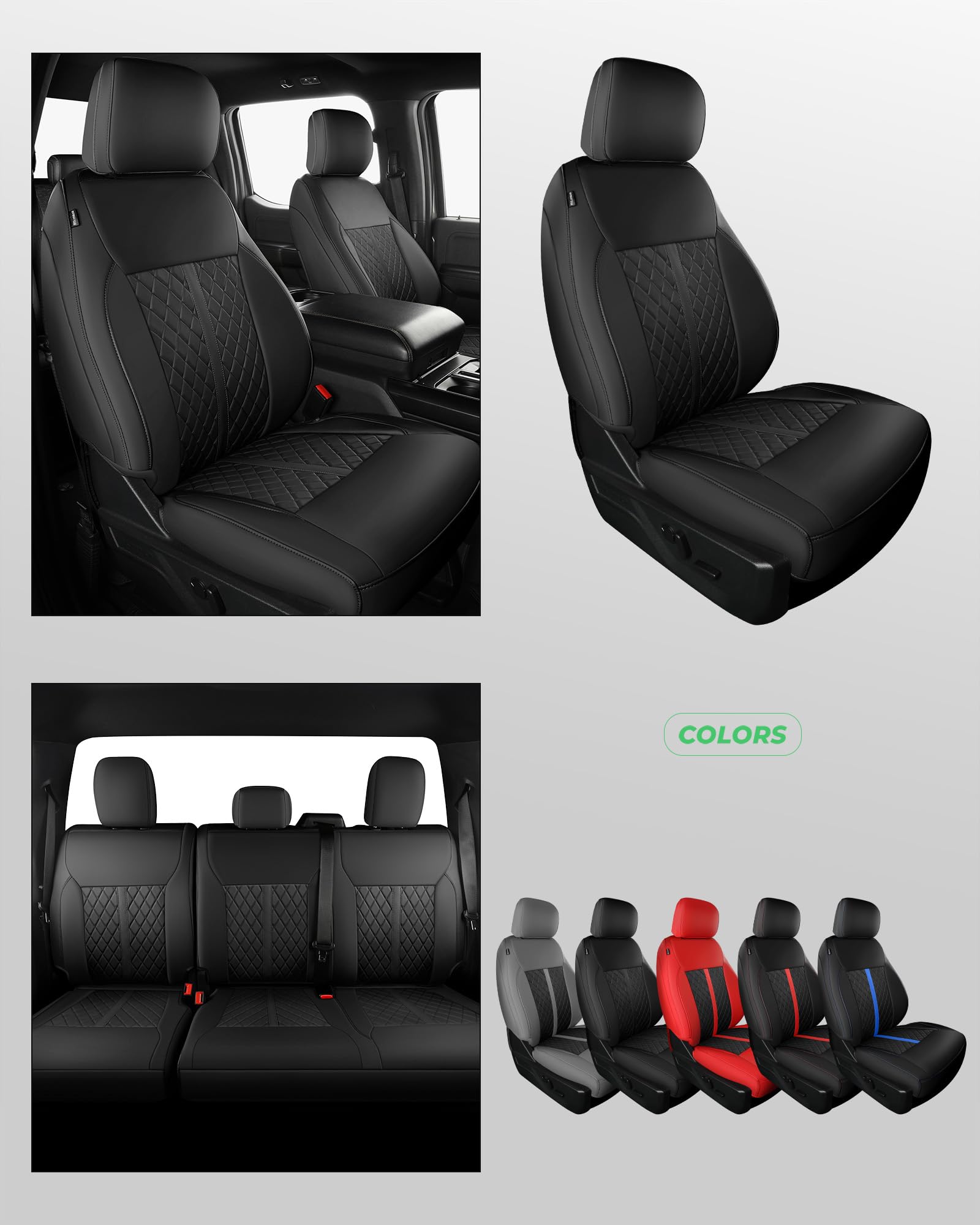 for Ford F150 Leather Seat Covers, Super Crew Cab XL XLT 2015-2020, F250 F350 F450 Super Duty Crew Cab 2017-2022,Custom Truck Seat Cover Full Set, Pickup Accessories, Black (Bucket Seat)