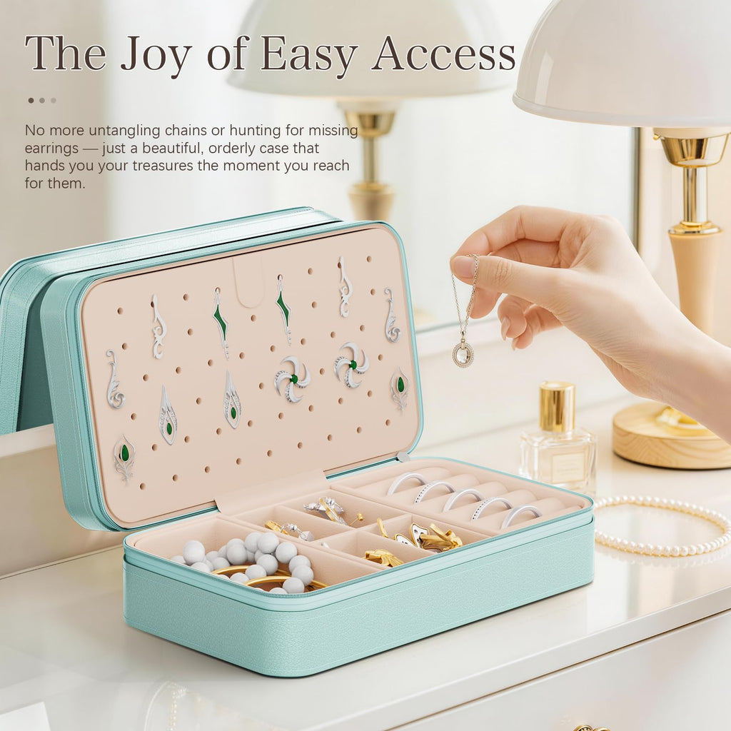 DesignSter Travel Jewelry Box, PU Leather Portable Jewelry Case, Small Jewelry Boxes for Gifts, Travel Jewelry Organizer for Women Rings Earrings Necklaces Bracelets (Avocado Green)