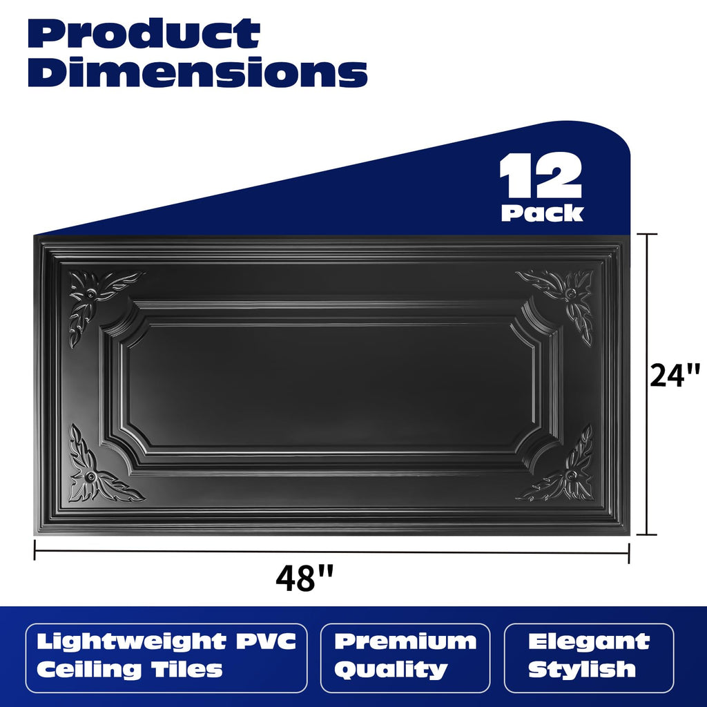 Art3dwallpanels 12 Pack Drop Ceiling Tiles, 2x4 Ft PVC Decorative 3D Wall Panel, Glue Up Ceiling Covering Panels for Basement Kitchen Bathroom, 24x48 Inch, Cover 96 Sq. Ft, White
