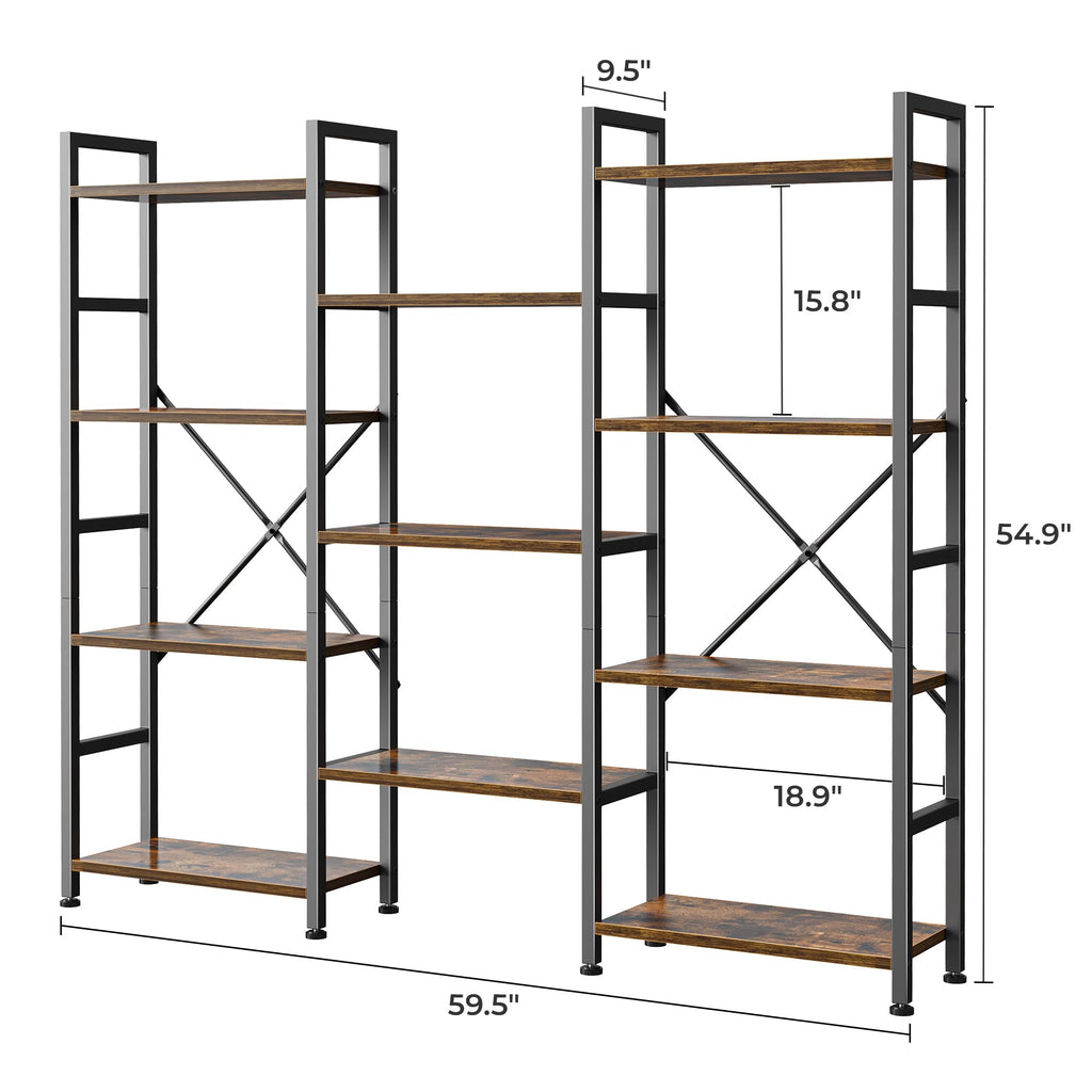 SUPERJARE Triple Bookshelf, Bookcase with 11 Open Display Shelves, Wide Book Shelf Book Case for Home & Office, 4 Tier, Black