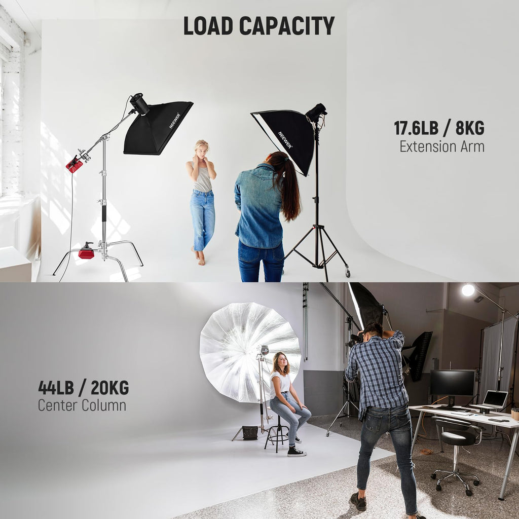 NEEWER Pro 100% Stainless Steel Heavy Duty C Stand with Boom Arm, Max Height 68"/172cm Photography Light Stand with 2.7ft/83cm Holding Arm, 2 Grip Head for Studio Monolight, Softbox, Reflector, SC172