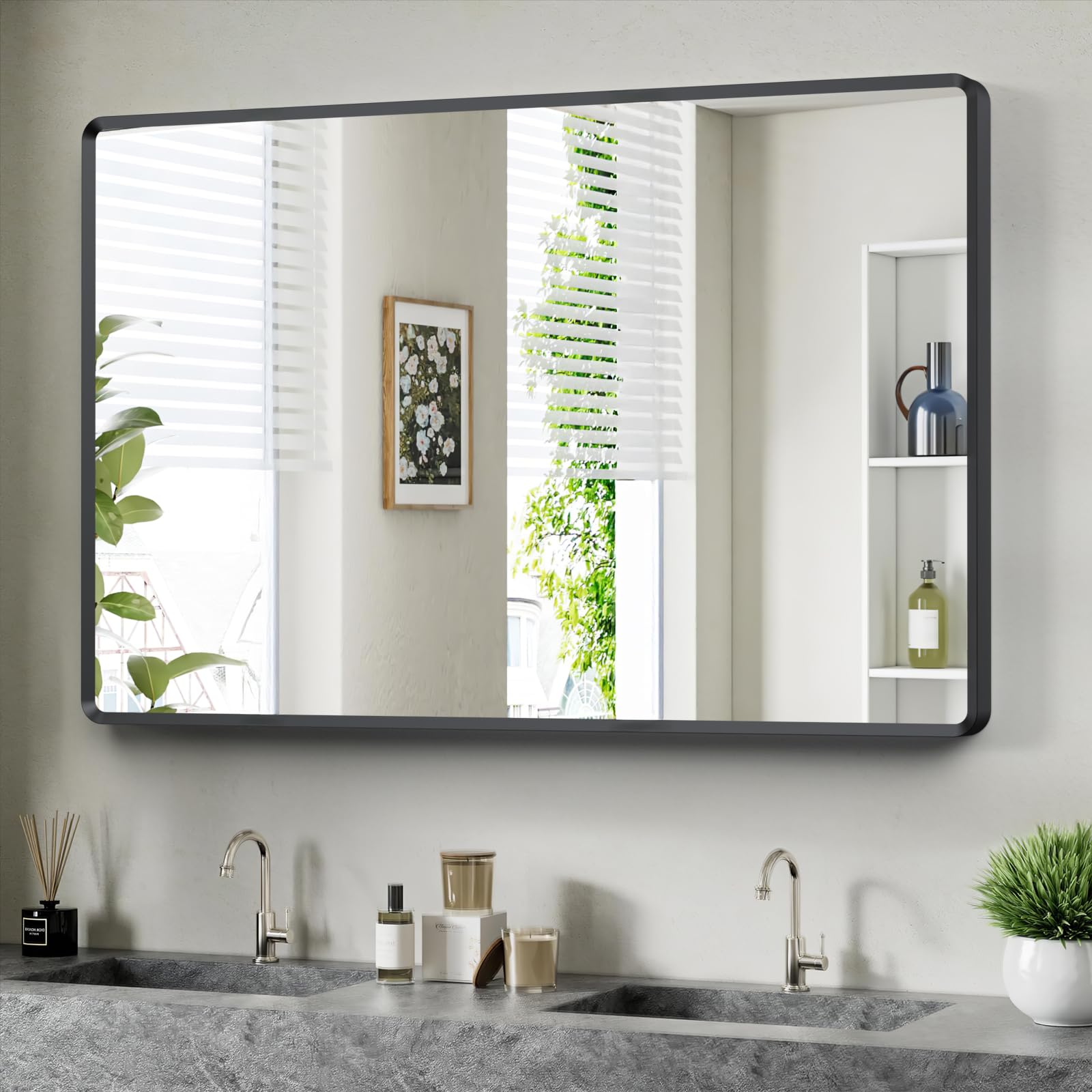 22x30 inch Gold Bathroom Mirror,Rounded Rectangle Gold Metal Framed, HD Tempered Glass, Horizontal or Vertical Hanging, Modern Bathroom Decor