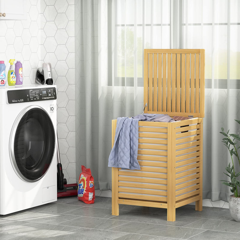 Homykic Bamboo Laundry Hamper with Lid, 120L Large Clothes Laundry Sorter with Removable 2-Section Liner Bag, Raised Laundry Basket Organizer for Clothing, Bathroom, Bedroom, Laundry Room, Black