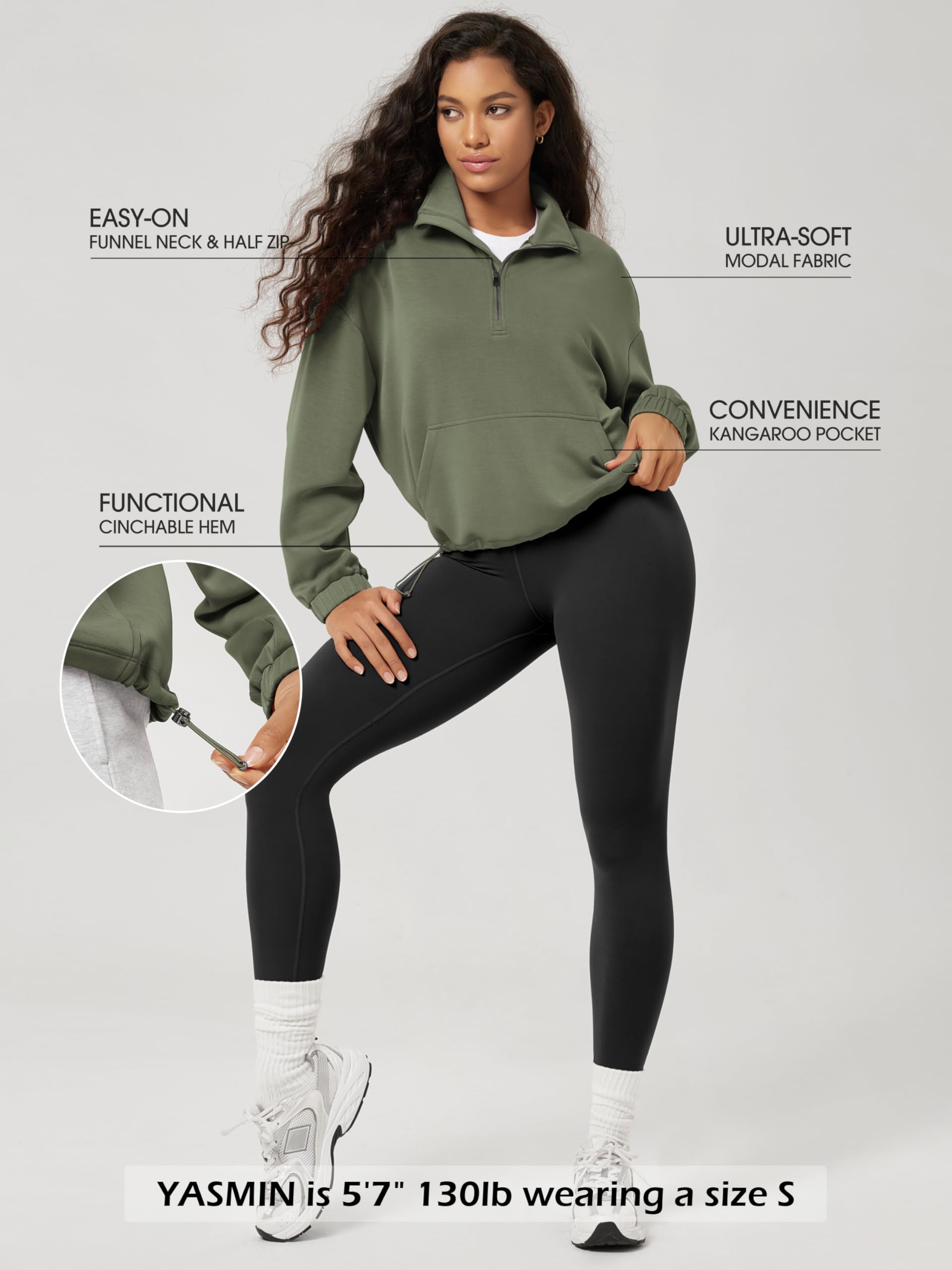 ODODOS Women's Modal Soft Cinchable Sweatshirts Half Zipper Funnel Neck Oversize Pullover with Pockets