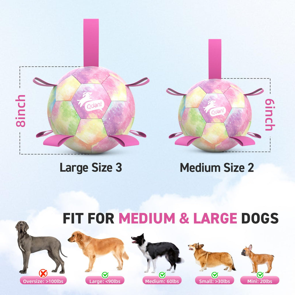 QDAN Dog Toys Soccer Ball with Straps, Durable Dog Balls for Tug of War, Puppy Birthday Gifts, Dogs Water Toy Small Dogs-Rainbow（5 Inch）