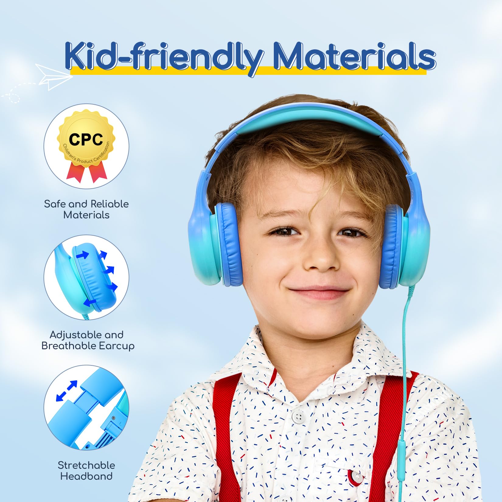 EarFun K1 Kids Headphones Wired with Microphone, 85/94dB Volume Limit Headphones for Kids, Portable Wired Headphone with Shareport, Stereo Sound Foldable Headset for School/Tablet/iPad, Black Red