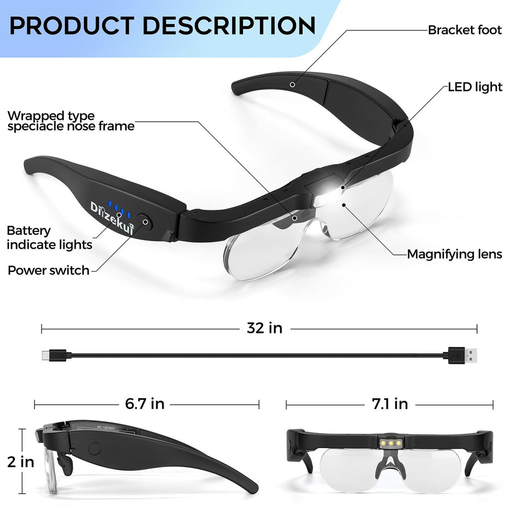Magnifying Glass with Light 1.5X to 5.0X, Rechargeable Magnifying Glasses Head Magnifier, Lighted Magnify Glass with 4 Detachable Lenses, Magnifier Headset for Close Work Hobbies Jewelry