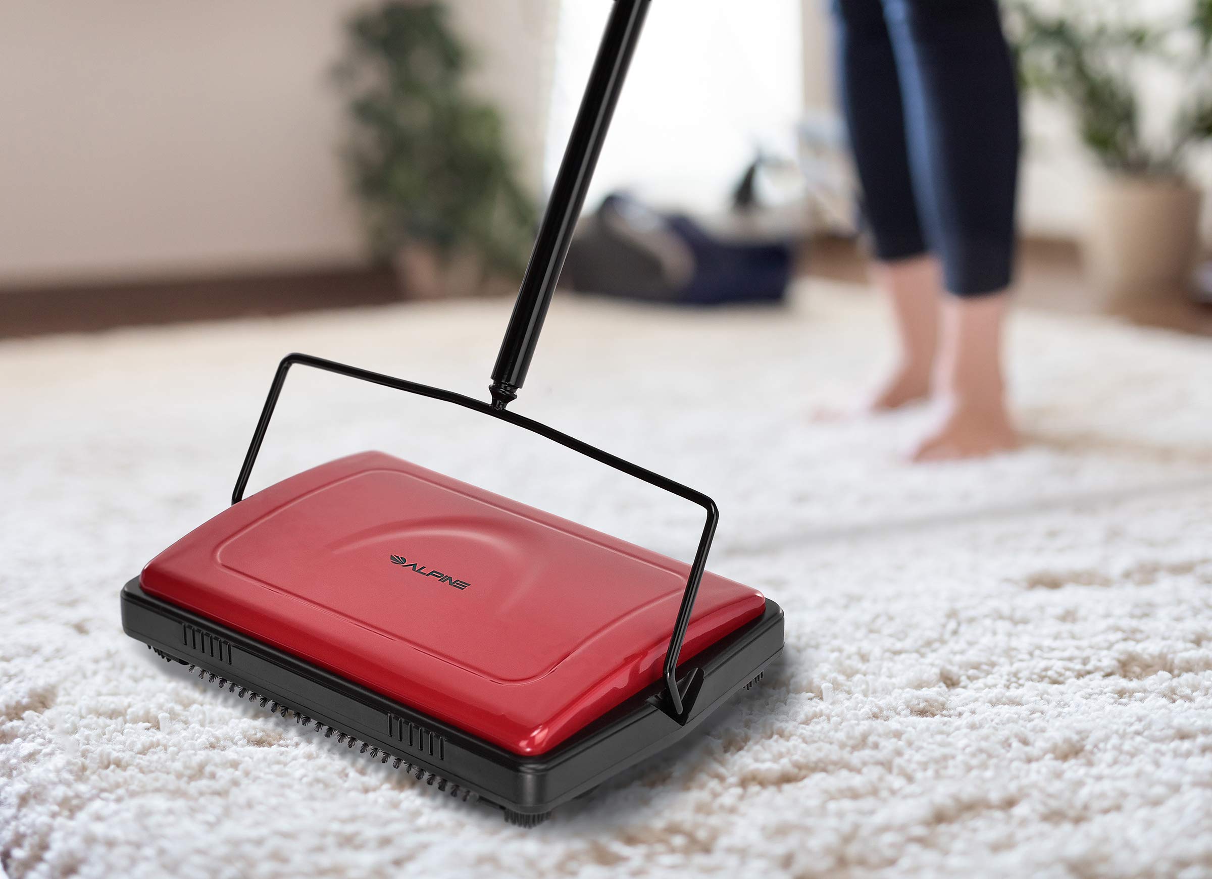 Alpine Manual Carpet Sweeper Triple Brush – Cordless Non Electric Multi-Surface Floor Brush Hardwood Floor Cleaner Easy Sweeping for Carpeted Floors (Improved Black)