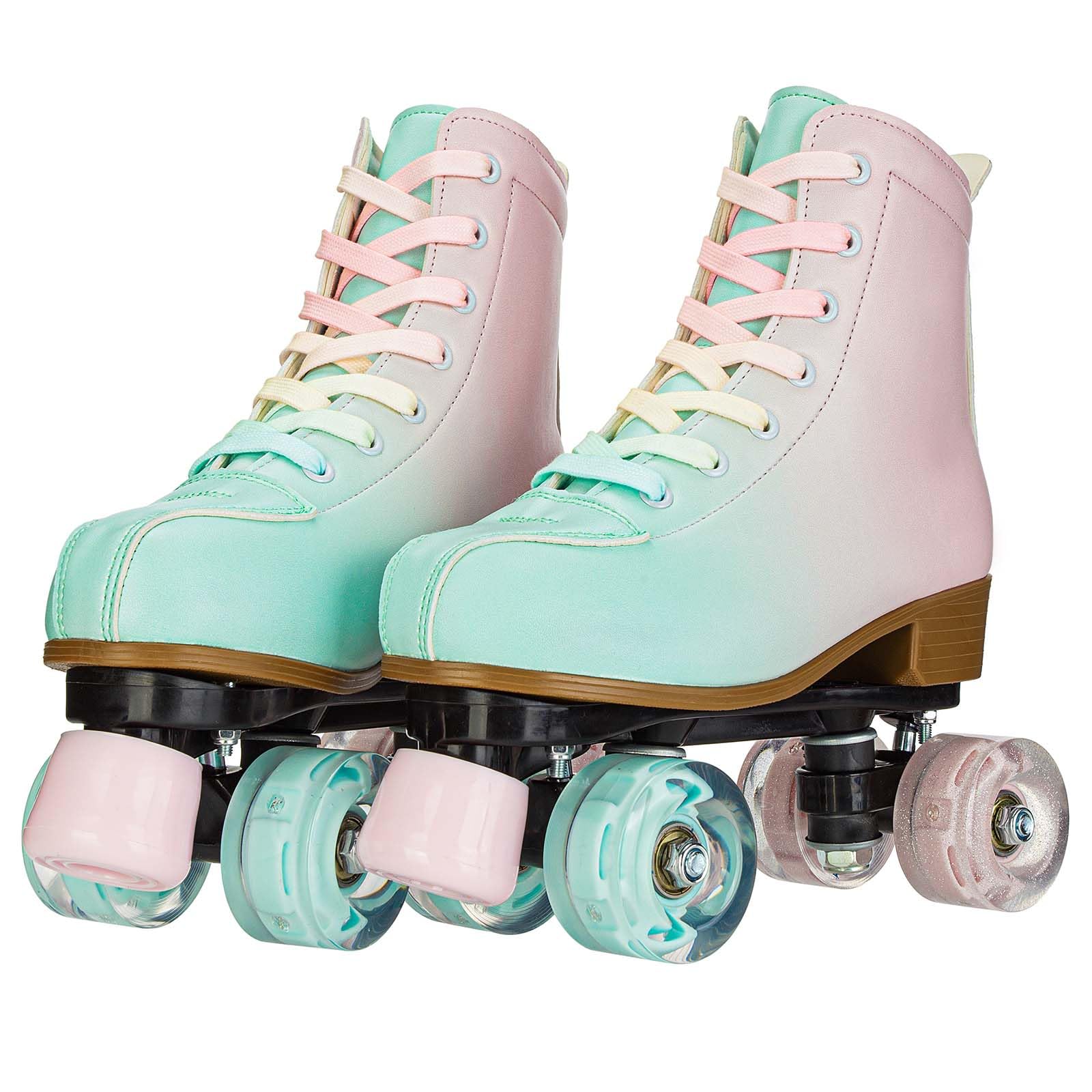 YYW Roller Skates for Girls and Women, Fantastic Gradient Pink and Green PU Leather Light Up Kids Youth Roller Skates, Indoor Outdoor
