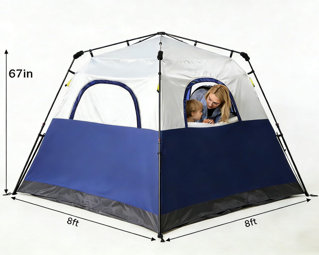 3/4 Person Camping Tent with 1 Door, 4 Windows, and Upgraded Ventilation– Instant Setup, Waterproof, 8'x 8'x 67''Oxford Fabric Floor Pop Up in 60 Seconds Includes Rainfly and Backpack