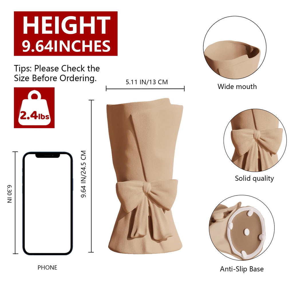 Relexome Beige Ceramic Bow Vase 9.64 in Unique Cute Modern Decorative Bouquet Flower Vases for Home Living Room Table Decor Women Girl Gifts