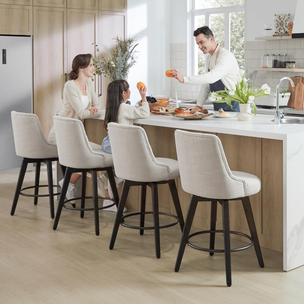 Watson & Whitely Counter Height Bar Stools, Performance Fabric Upholstered Modern Swivel Barstool with Back, Solid Wood Legs, 26" H Seat, Flint Grey
