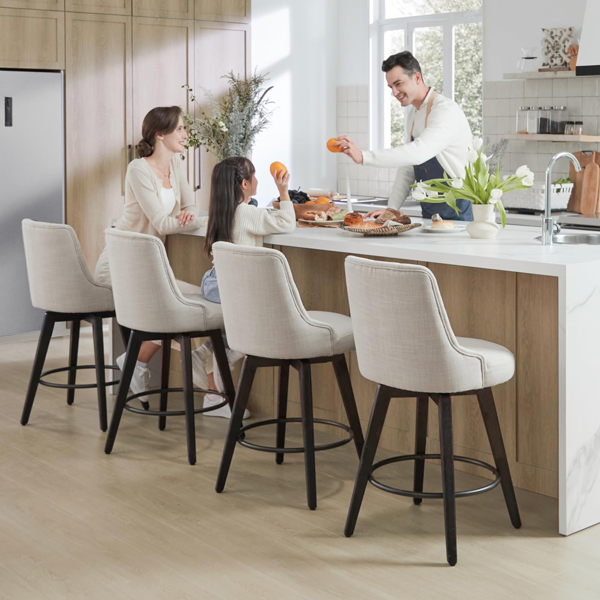 Watson & Whitely Counter Height Bar Stools, Performance Fabric Upholstered Modern Swivel Barstool with Back, Solid Wood Legs, 26" H Seat, Flint Grey