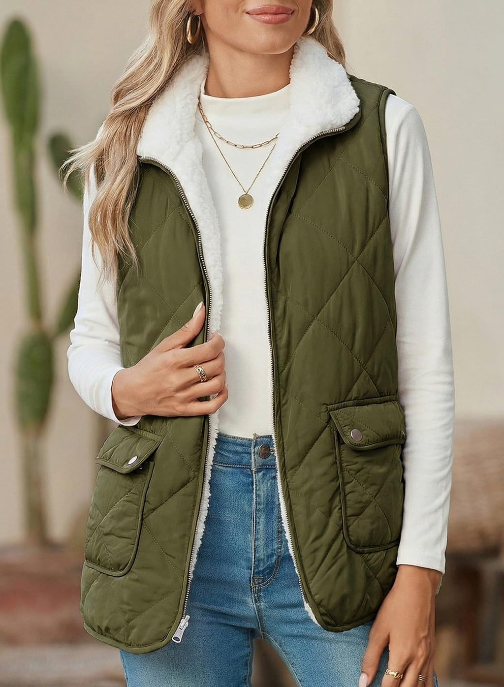 SHEWIN Women Puffer Vest Casual Stand Collar Sleeveless Puffer Jacket Warm Winter Reversible Zip Up Outerwear with Pockets