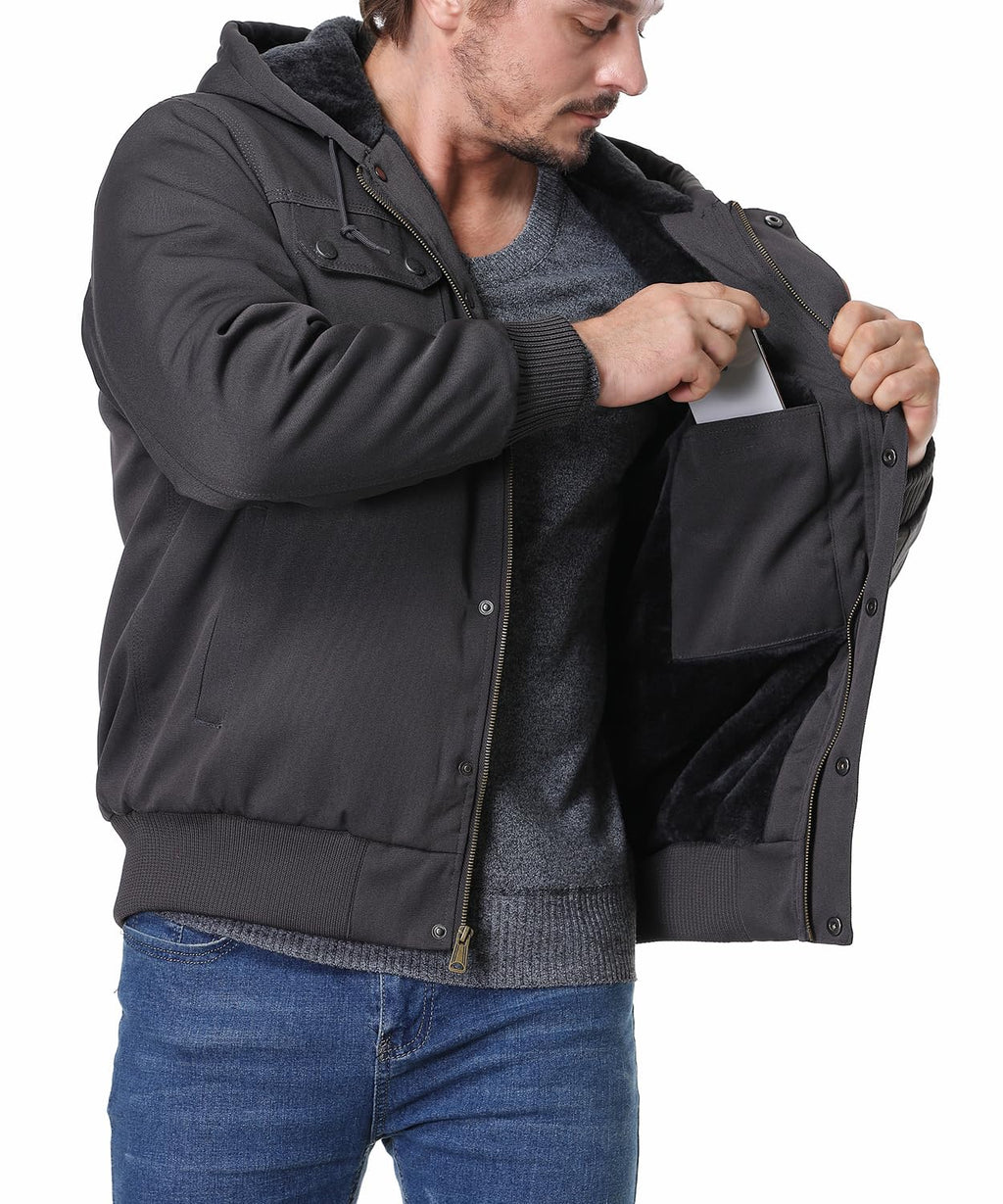 TUAOVA Men's Fit Relaxed Work Coat Fleece Lined Waterproof Workwear Winter Hooded Jacket with Multiple Pockets