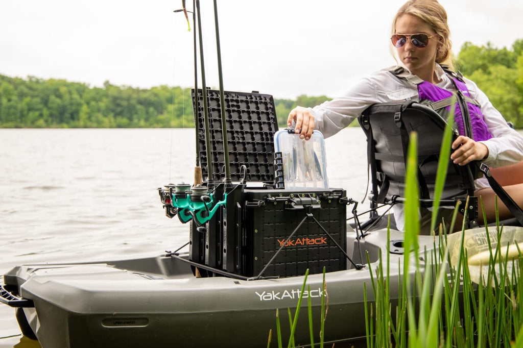YakAttack BlackPak Pro 13" x 13" Fishing Crate with 3 Rod Holders - Battleship Grey | Compact Tackle Storage Box & Gear Organizer for Kayaks | Lightweight, Durable & Customizable Marine Accessory