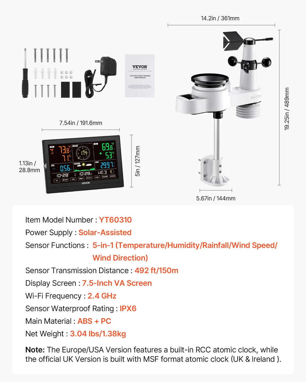 VEVOR 5-in-1 Wireless Weather Station, 7.5-Inch VA Display, Solar Powered Outdoor Sensor, Rain Gauge, Indoor Outdoor for Weather Forecast, Temperature, Humidity, Wind Speed and Direction (No WiFi)