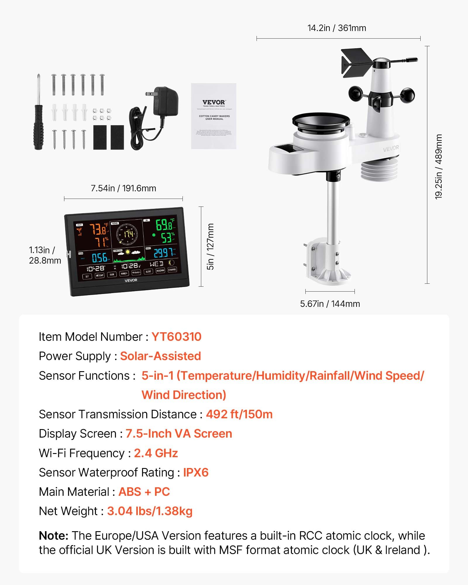 VEVOR 5-in-1 Wireless Weather Station, 7.5-Inch VA Display, Solar Powered Outdoor Sensor, Rain Gauge, Indoor Outdoor for Weather Forecast, Temperature, Humidity, Wind Speed and Direction (No WiFi)