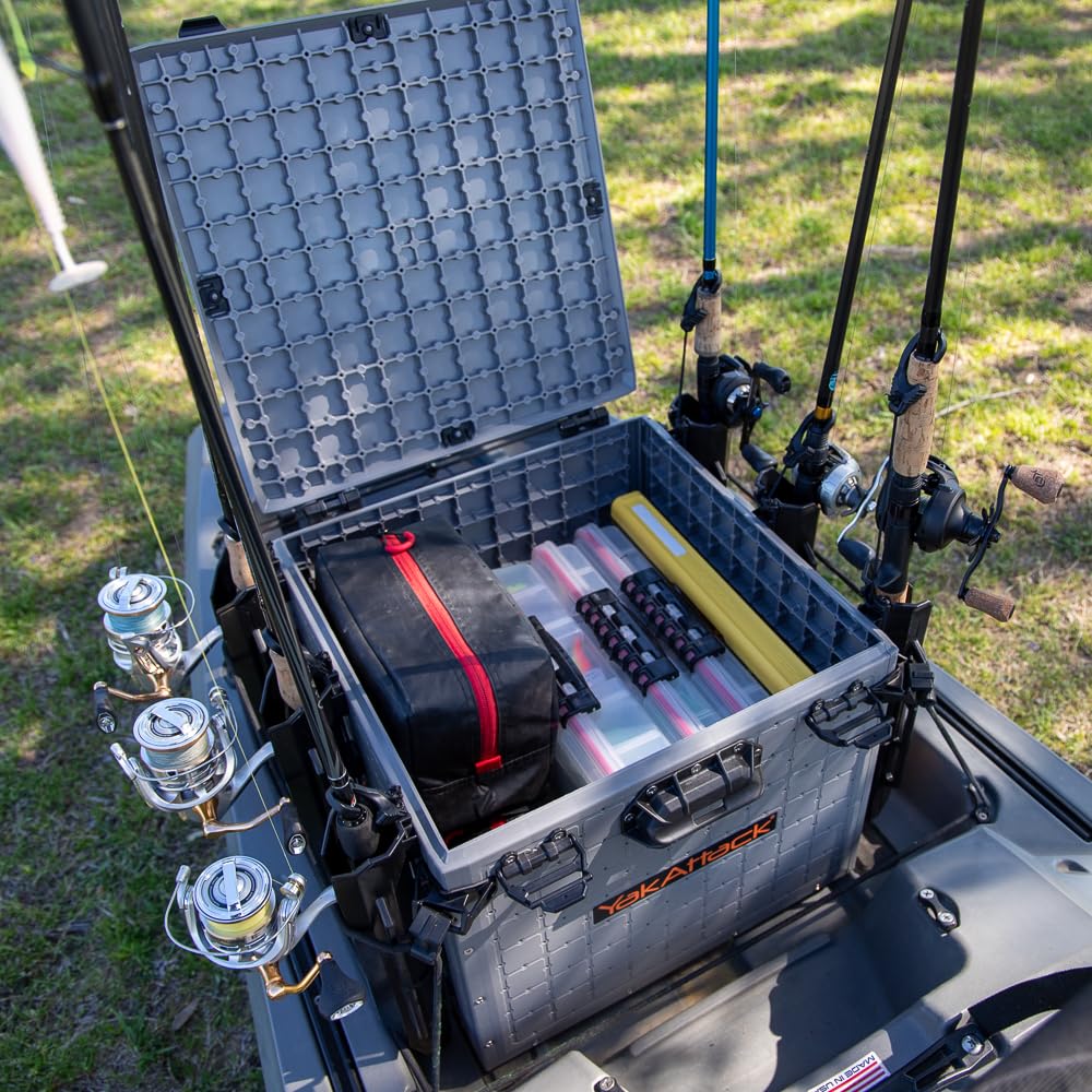 YakAttack BlackPak Pro 13" x 13" Fishing Crate with 3 Rod Holders - Battleship Grey | Compact Tackle Storage Box & Gear Organizer for Kayaks | Lightweight, Durable & Customizable Marine Accessory