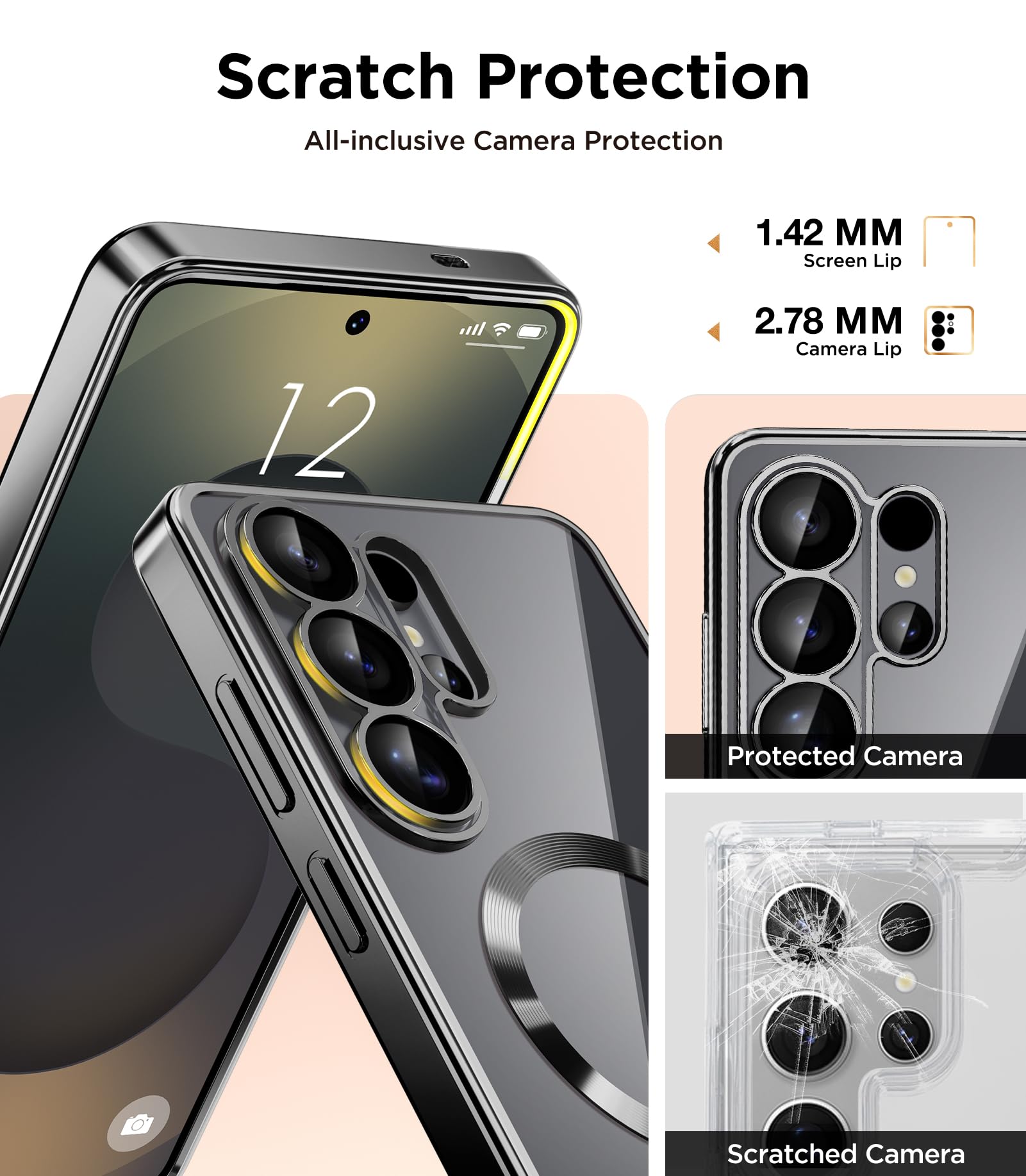Magnetic Case Compatible with Samsung Galaxy S25 Ultra,Compatible with MagSafe,[Full Camera Protection][Screen Protector] Shockproof Plating Clear Phone Cover for Galaxy S25 Ultra(Black/Clear)