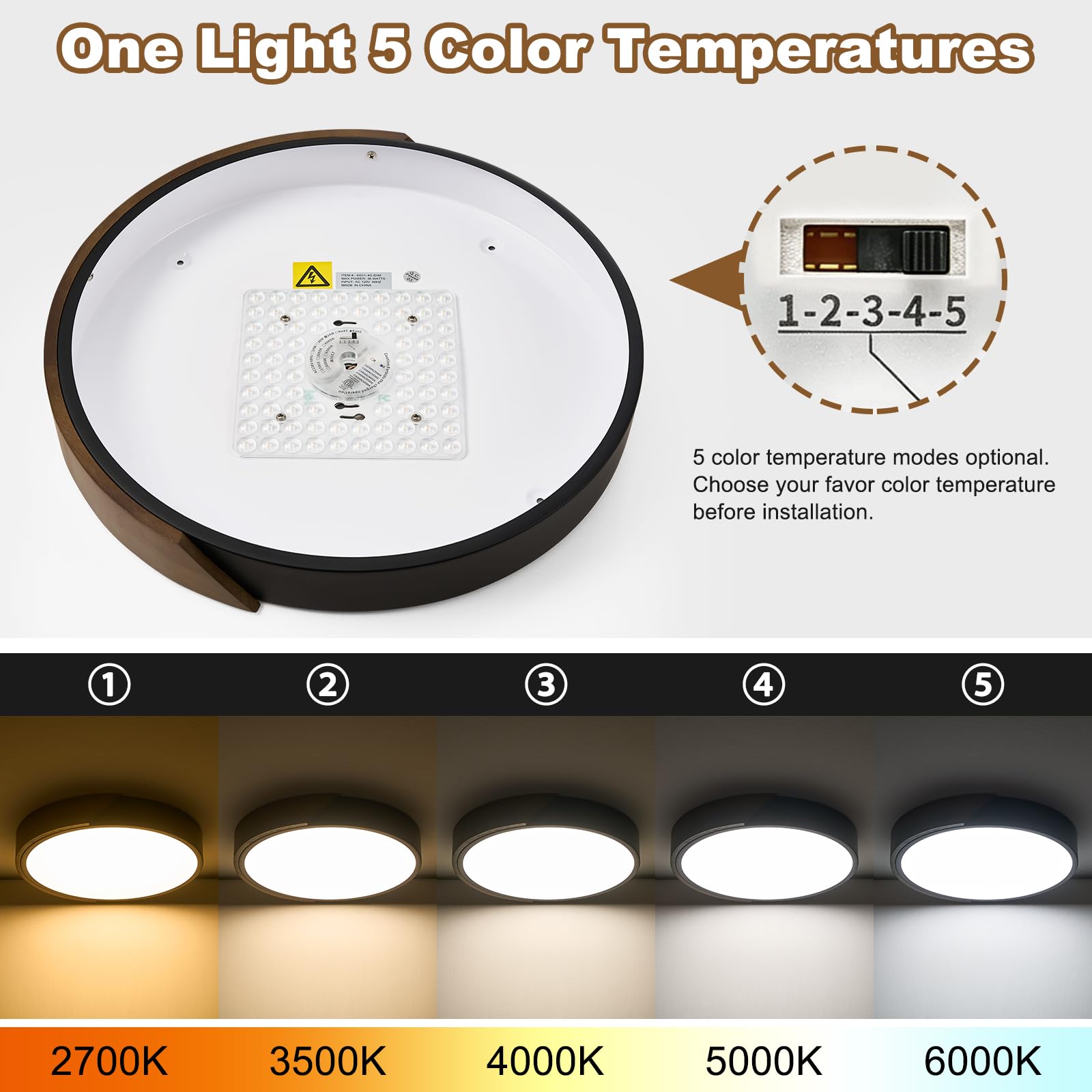 Modern LED Ceiling Light, Minimalist Wood Dimmable Flush Mount Ceiling Light Fixture, Round 5CCT Lighting Lamp with Acrylic Lampshade for Bedroom Hallway Kitchen Laundry, Black 11.8"