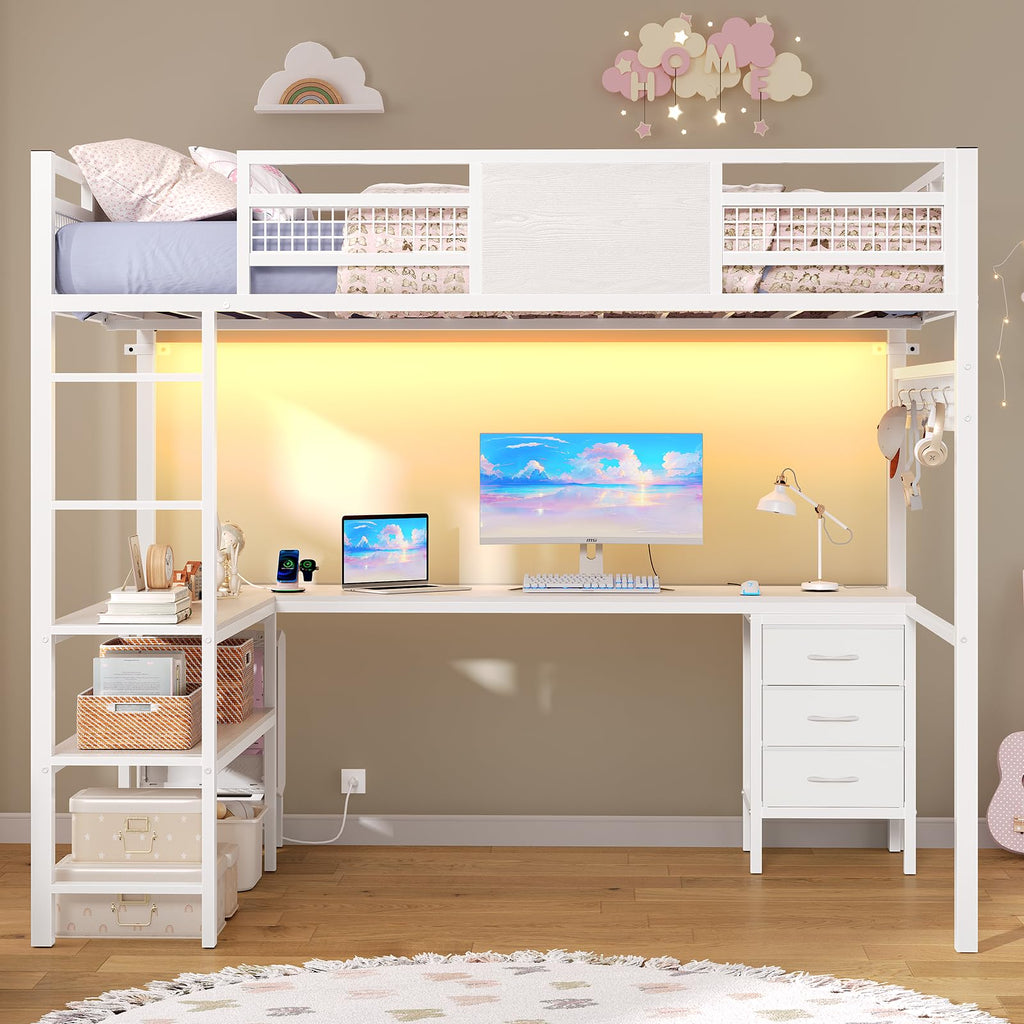 ADORNEVE Loft Bed Full Size with L-Shaped Desk, 3 Storage Drawers, Power Outlet, 3 Storage Shelves, Metal Loft Bed Frame with RGB Lights, Bed with Safety Guardrail & Ladders,Space-Saving, Grey