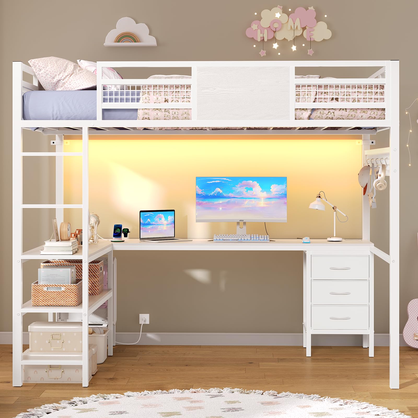 ADORNEVE Loft Bed Full Size with L-Shaped Desk, 3 Storage Drawers, Power Outlet, 3 Storage Shelves, Metal Loft Bed Frame with RGB Lights, Bed with Safety Guardrail & Ladders,Space-Saving, Grey