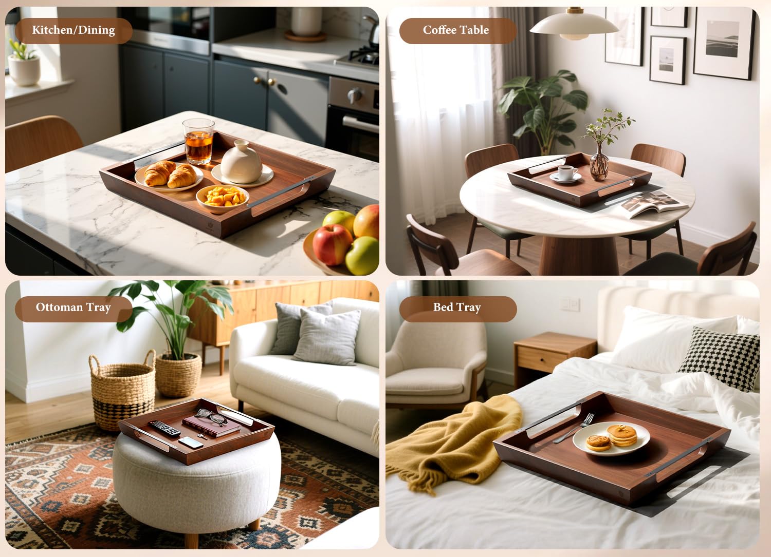 Acacia Wood Serving Tray with Metal Handles, 17x13in Food Drinks Tray for Coffee Table, Breakfast, Dinner & Bar, Rustic Decorative Storage Tray for Ottoman, Kitchen, Elegent Gift for Father