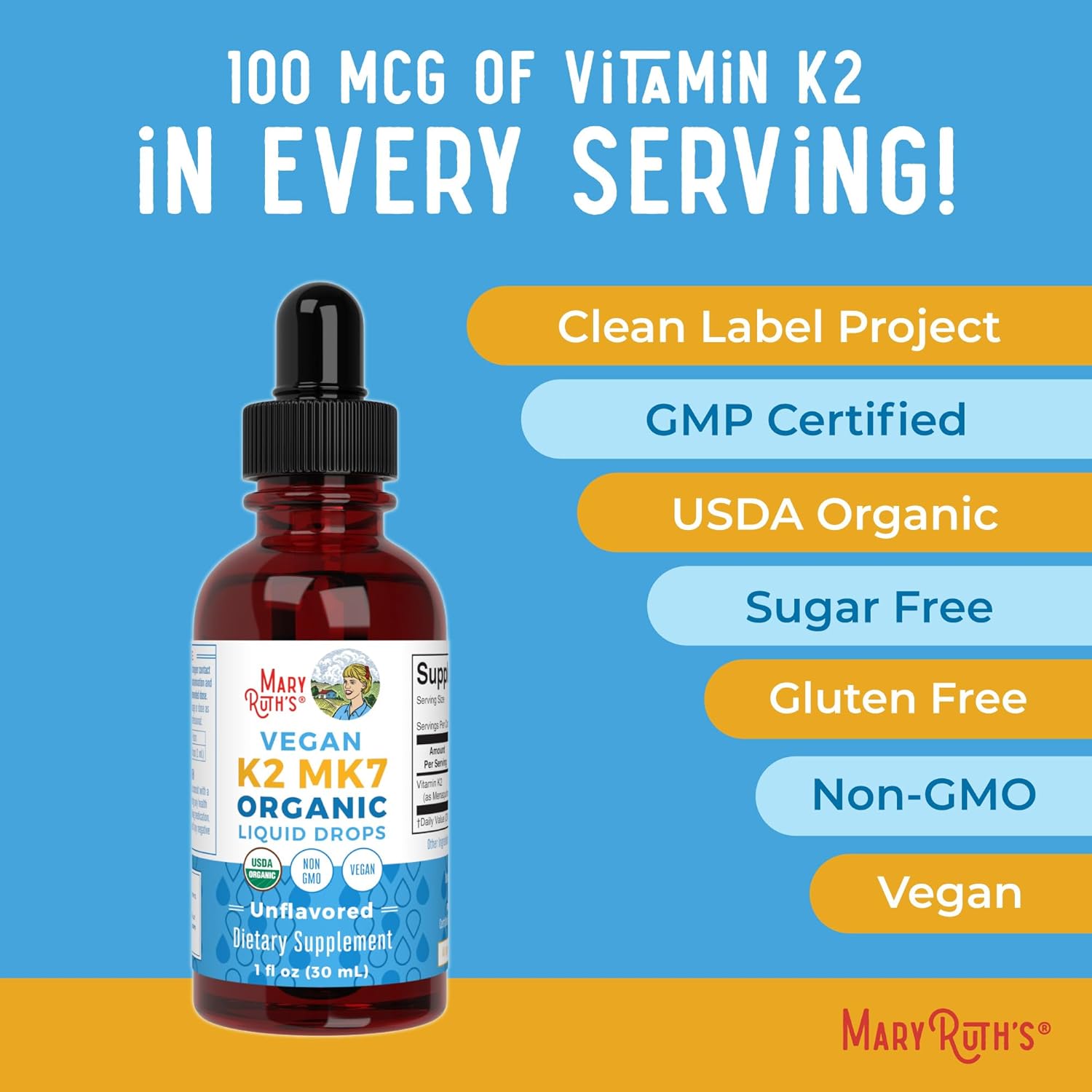 MARYRUTH'S USDA Organic Vitamin K2 MK7 Liquid Drops for Adults & Kids | Sourced from Natto | Menaquinone- 7 | Vegan K2 Vitamin for Bone Health & Calcium Absorption | 1oz | Up to 90 Servings