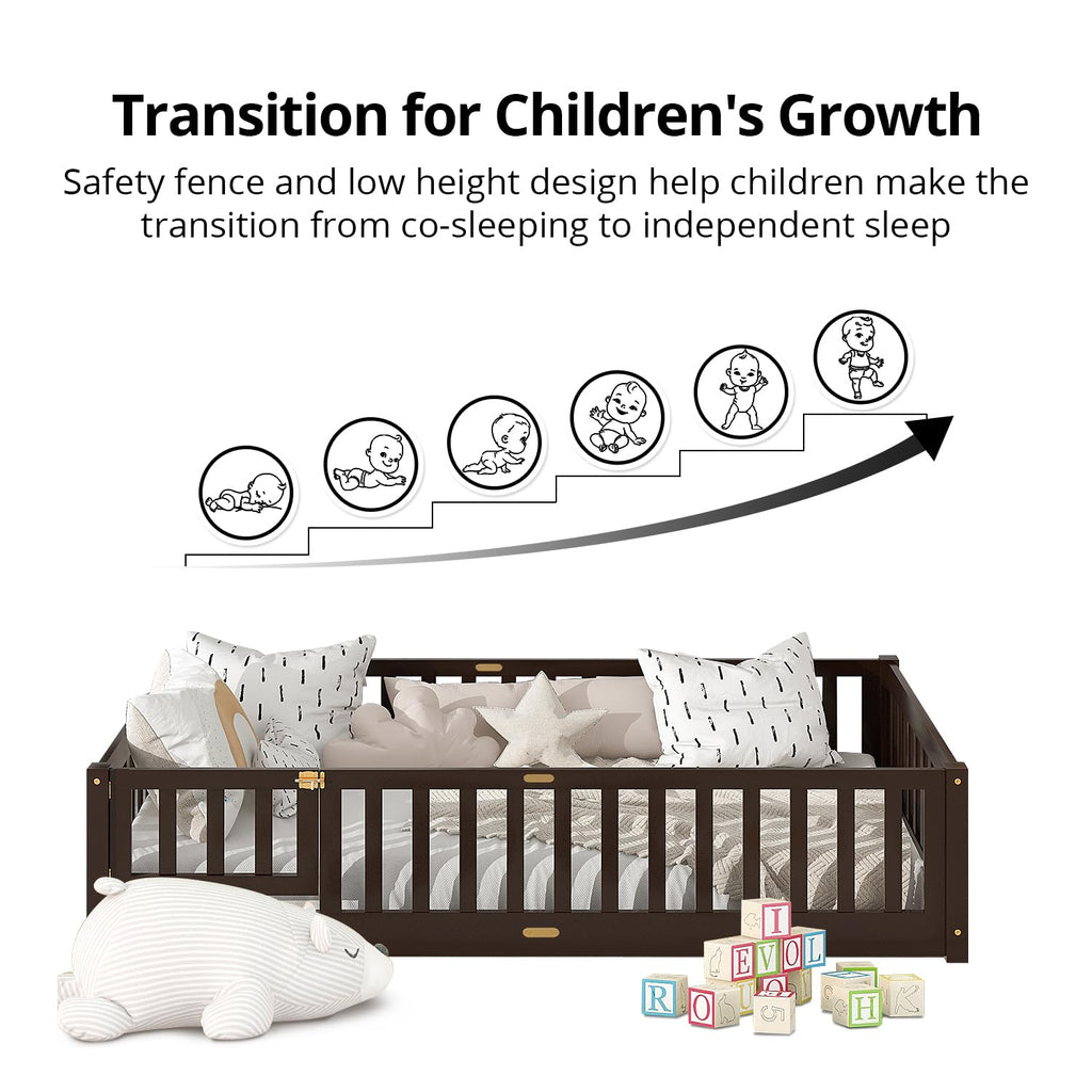 i-POOK Queen Floor Bed for Children, Sturdy Wood Montessori Bed Frame with Wood Slats, High Fence & Small Door for Girls and Boys, Espresso (with Bed Slats)